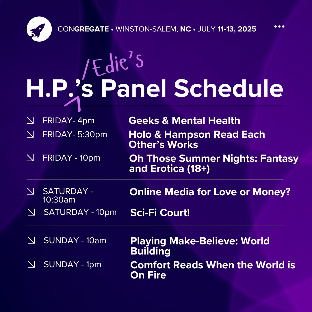 holowriting's tweet image. Y'ALLLLLL We have @ConGregatefans schedules! Come see us this weekend in Winston-Salem, NC!
Also, The Scribbling Lion will be carrying a limited stock of our books in the dealer's room, so if you're looking to get something signed, check 'em out! π