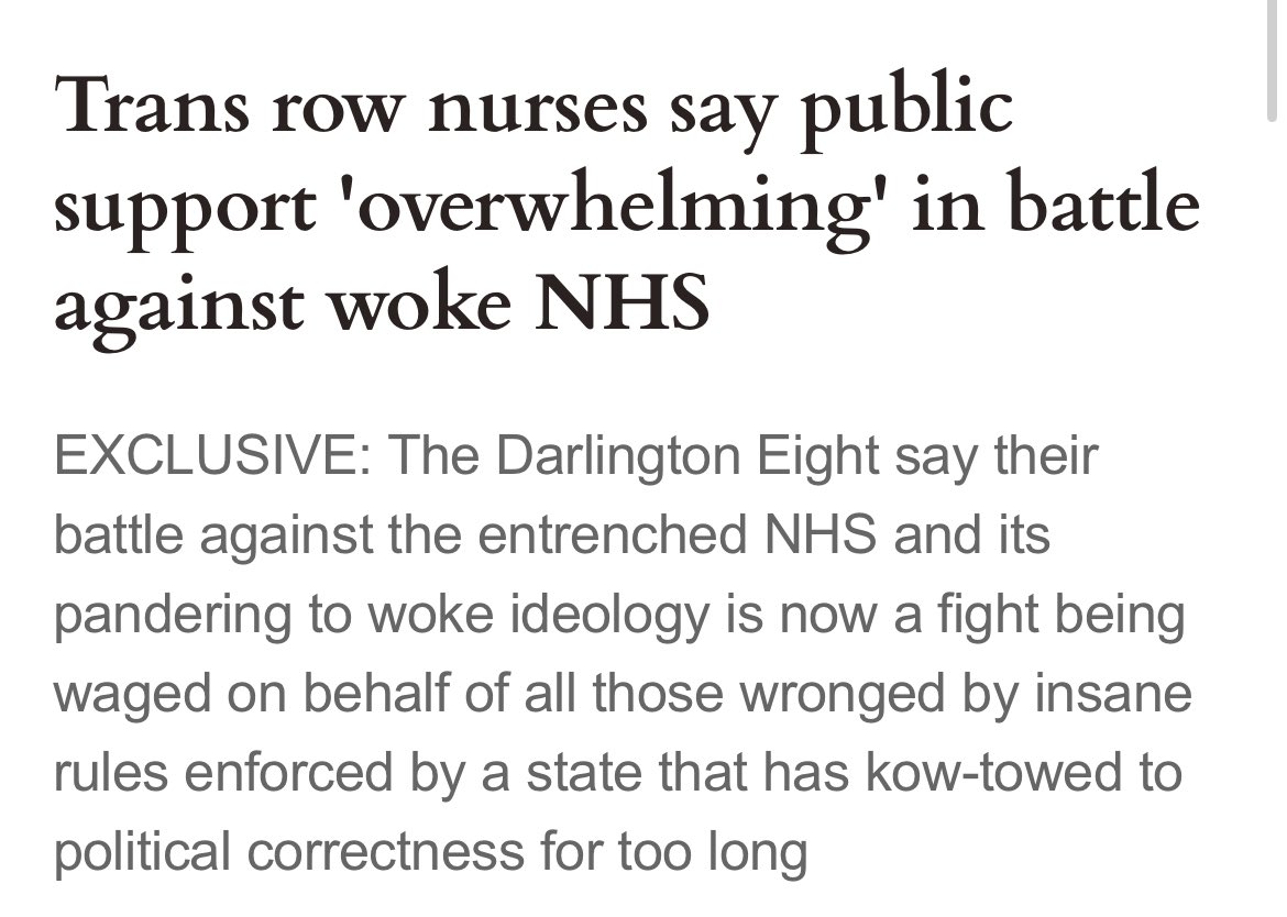 ‘The Darlington Eight say their battle against the entrenched NHS and its pandering to woke ideology is now a fight waged on behalf of all those wronged by insane rules enforced by a state that has kow-towed to political correctness for too long’

Quite the headline

@expressgilo