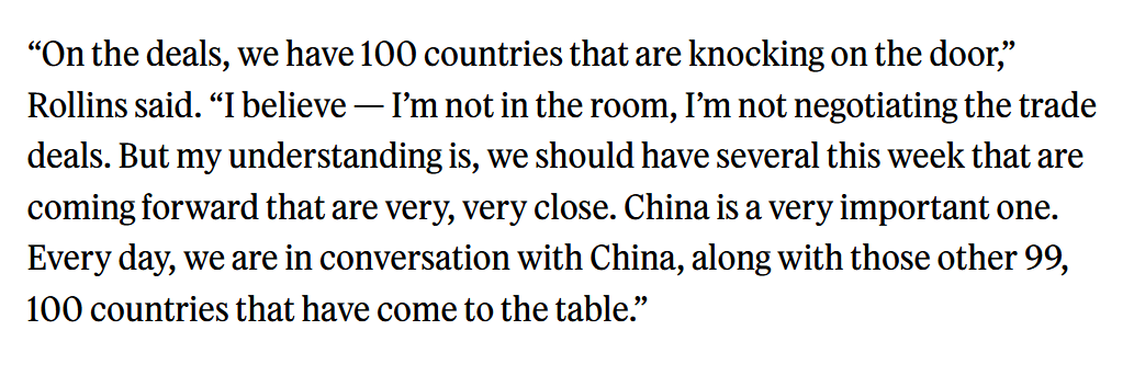 In April, the Trump administration was saying "100 countries are knocking on the door" begging for trade deals...now it's "many of them never even contacted us" lmfao