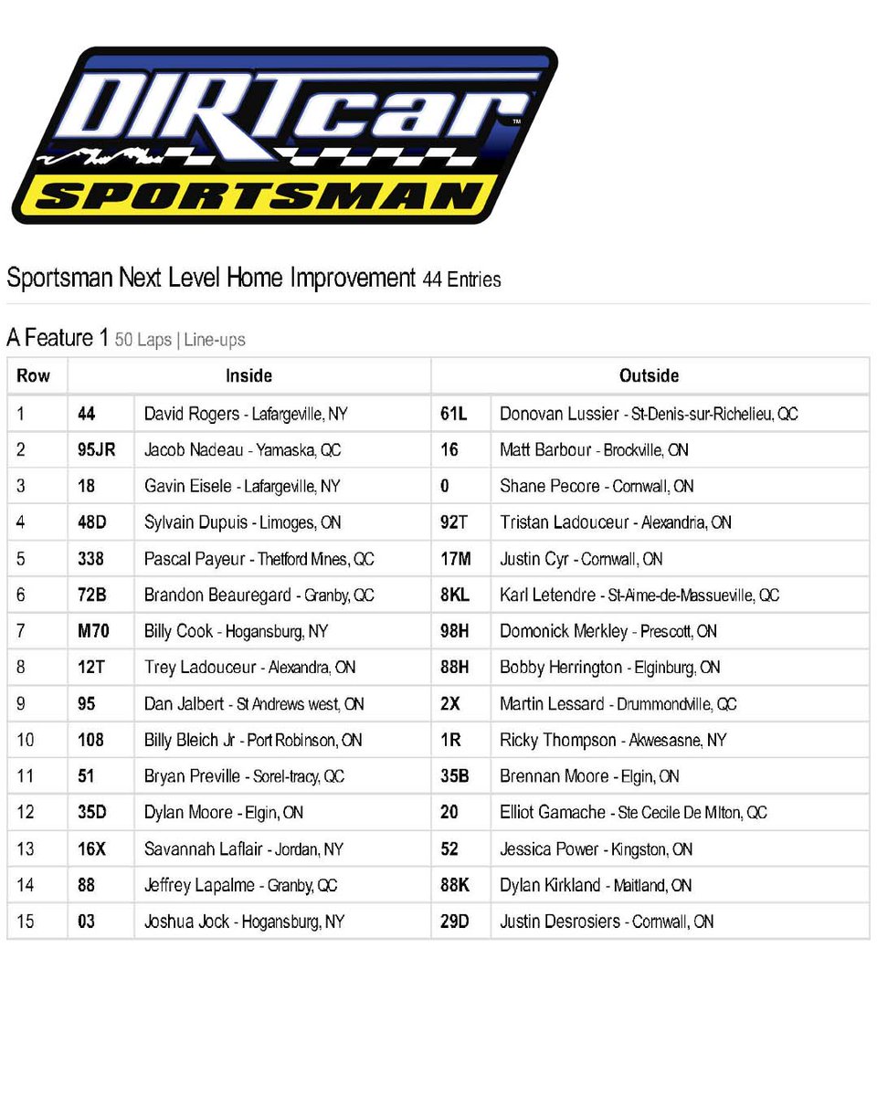 𝑹𝑨𝑪𝑬 𝑫𝑨𝒀!
The DIRTcar Sportsman Series North Region Finale is tonight at <a href="/cms_speedway/">Cornwall Speedway</a>!

Check out the starting lineup below 👇