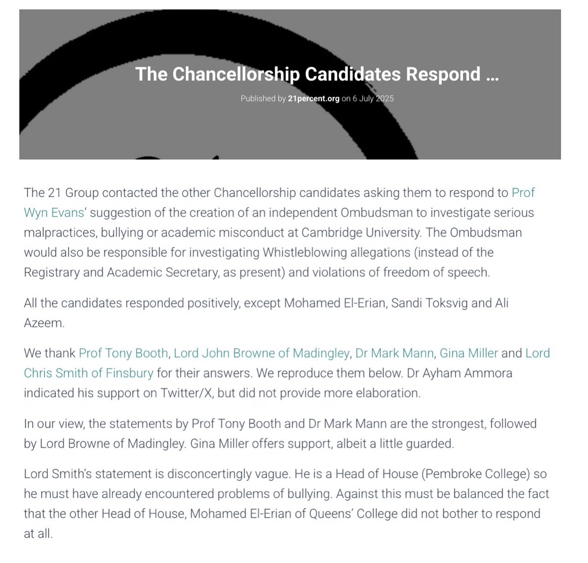 21group (@21percentgroup) on Twitter photo Candidates for Chancellorship of @cambridge_uni respond to Prof Wyn Evans about creation of independent Ombudsman to investigate abuses
Impressive statements by <a href="/oxfordmann/">Mark Mann 🇺🇦</a>, Tony Booth & also <a href="/LordJohnBrowne/">John Browne</a>
Read them here 21percent.org/?p=2350
<a href="/oxonpolis/">Oxonpolis</a> <a href="/VarsityUK/">Varsity</a> Candidates for Chancellorship of @cambridge_uni respond to Prof Wyn Evans about creation of independent Ombudsman to investigate abuses
Impressive statements by <a href="/oxfordmann/">Mark Mann 🇺🇦</a>, Tony Booth & also <a href="/LordJohnBrowne/">John Browne</a>
Read them here 21percent.org/?p=2350
<a href="/oxonpolis/">Oxonpolis</a> <a href="/VarsityUK/">Varsity</a>