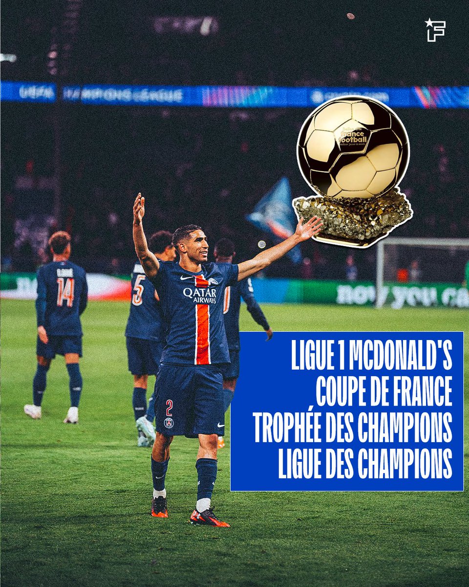 Achraf Hakimi peut-il prétendre au Ballon d’Or cette saison⁉️👑

Buteur dans les phases décisives de la Ligue des Champions :

▫️ Contre Aston Villa (1/4 retour)
▫️ But du break contre Arsenal (1/2 retour)
▫️ Ouverture du score face à l’Inter (finale)

🔸 Élu meilleur joueur