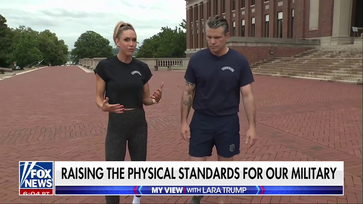 Lara, the Dumbest Trump, trained with Pete Hegseth, the Drunkest Cabinet Member. Lara emphasized, "What our military needs most are matching t-shirts." Pete added, "And an open bar in every barracks"