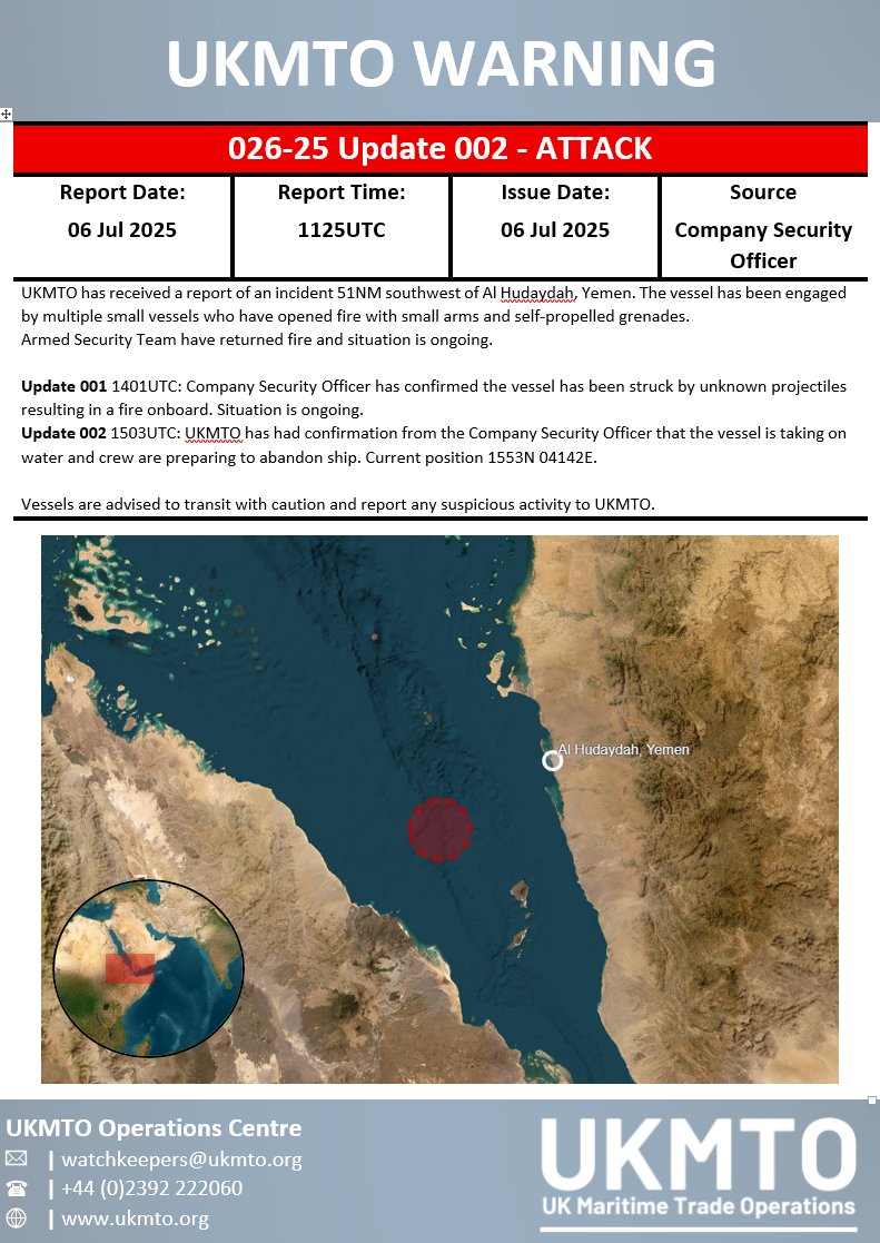 UK_MTO's tweet image. UKMTO WARNING INCIDENT 026-25 - ATTACK - Update 002
ukmto.org/-/media/ukmto/…
#MaritimeSecurity #MARSEC