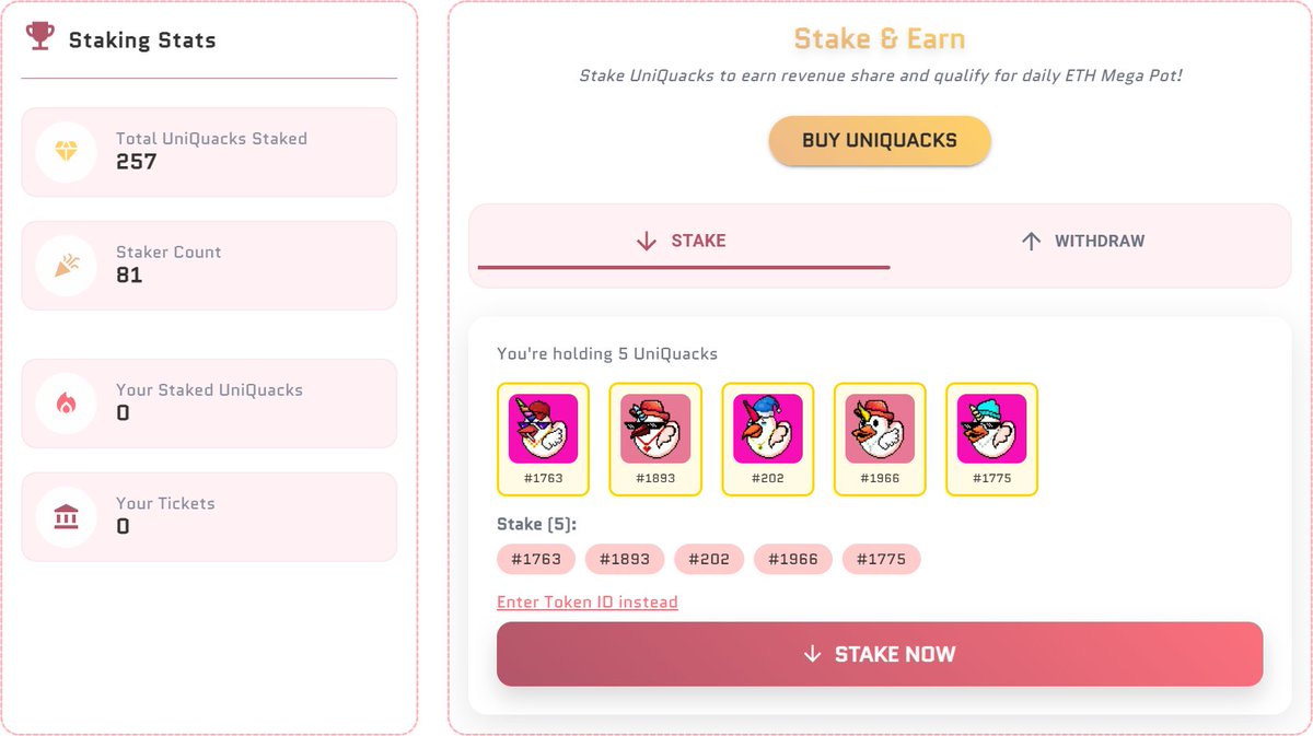 Just bought and staked 5 UniQuacks on <a href="/QuackPond_/">QuackPond</a> to earn revenue share and participate in the daily ETH JACKPOT 💰

<a href="/unichain/">Unichain</a> pink chain is fun!