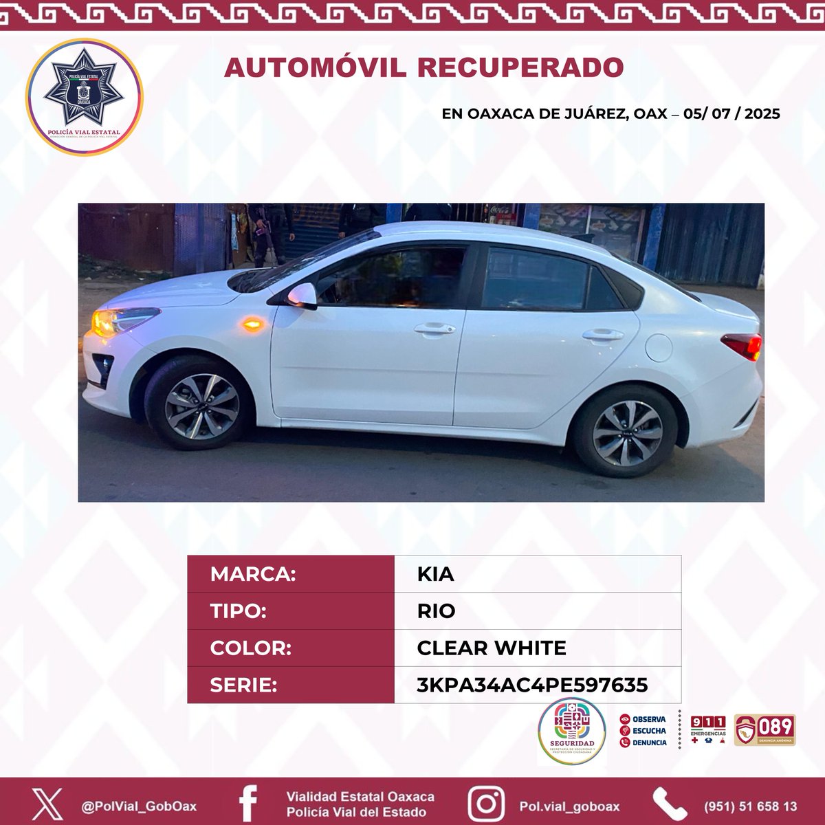 Policía Vial Estatal (@polvial_goboax) on Twitter photo Mediante recorridos de inspección, seguridad y vigilancia recuperamos automóvil con reporte de robo en #OaxacaDeJuárez #Oaxaca
👉 Fue puesta a disposición de la Fiscalía General del Estado.
<a href="/GobOax/">Gobierno de Oaxaca</a> <a href="/salomonj/">Salomón Jara Cruz</a> <a href="/IvanGarcia_A/">Iván García Álvarez</a> <a href="/ToryLopezS/">Toribio López Sánchez.</a> Mediante recorridos de inspección, seguridad y vigilancia recuperamos automóvil con reporte de robo en #OaxacaDeJuárez #Oaxaca
👉 Fue puesta a disposición de la Fiscalía General del Estado.
<a href="/GobOax/">Gobierno de Oaxaca</a> <a href="/salomonj/">Salomón Jara Cruz</a> <a href="/IvanGarcia_A/">Iván García Álvarez</a> <a href="/ToryLopezS/">Toribio López Sánchez.</a>