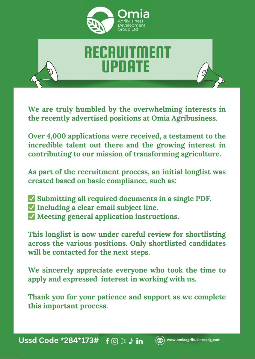 ‼️‼️UPDATE ‼️‼️

Dear Applicants,
Kindly take note!!!
#OmiaAgribusiness #RecruitmentUpdate #ThankYouForApplying #OpportunitiesInAgribusiness #CareersThatMatter