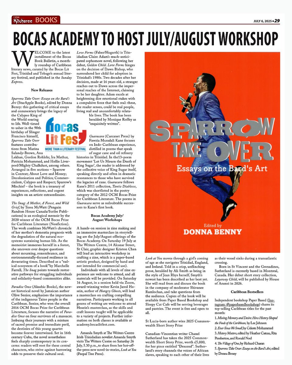 Bocas Lit Fest (@bocaslitfest) on Twitter photo July’s Bocas Book Bulletin is here! Featuring new Caribbean releases, news of awards/prizes, upcoming events and workshops, and June’s bestsellers at <a href="/paperbasedbooks/">Paper Based Bookshop</a>!
Read at trinidadexpress.com/features/local…
#bocas2025 <a href="/expressupdates/">Trinidad and Tobago Express Newspapers</a> July’s Bocas Book Bulletin is here! Featuring new Caribbean releases, news of awards/prizes, upcoming events and workshops, and June’s bestsellers at <a href="/paperbasedbooks/">Paper Based Bookshop</a>!
Read at trinidadexpress.com/features/local…
#bocas2025 <a href="/expressupdates/">Trinidad and Tobago Express Newspapers</a>