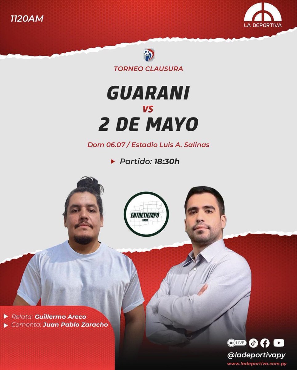 Marcelo Burgos (@marceloburgosf) on Twitter photo ⚽️¡DOMINGO es día de FÚTBOL por <a href="/LaDeportivaPy/">Radio La Deportiva</a>!🇵🇾 ¡Comenzó el #Clausura2025! 🏆
⌚️ ¡Desde las 15:30!
🆚 #Olimpia - #Nacional
🎙️ <a href="/villalbafede/">Fede Villalba</a> y 🙋🏻♂️
⌚️ 18:30
🆚 #Guaraní - #2DeMayo
🎙️ <a href="/guille_areco/">Guillermo Areco</a> y <a href="/jpzaracho/">Juan Pablo Zaracho</a>
📻 #EntretiempoPy #EntretiempoRadio ⚽️¡DOMINGO es día de FÚTBOL por <a href="/LaDeportivaPy/">Radio La Deportiva</a>!🇵🇾 ¡Comenzó el #Clausura2025! 🏆
⌚️ ¡Desde las 15:30!
🆚 #Olimpia - #Nacional
🎙️ <a href="/villalbafede/">Fede Villalba</a> y 🙋🏻♂️
⌚️ 18:30
🆚 #Guaraní - #2DeMayo
🎙️ <a href="/guille_areco/">Guillermo Areco</a> y <a href="/jpzaracho/">Juan Pablo Zaracho</a>
📻 #EntretiempoPy #EntretiempoRadio