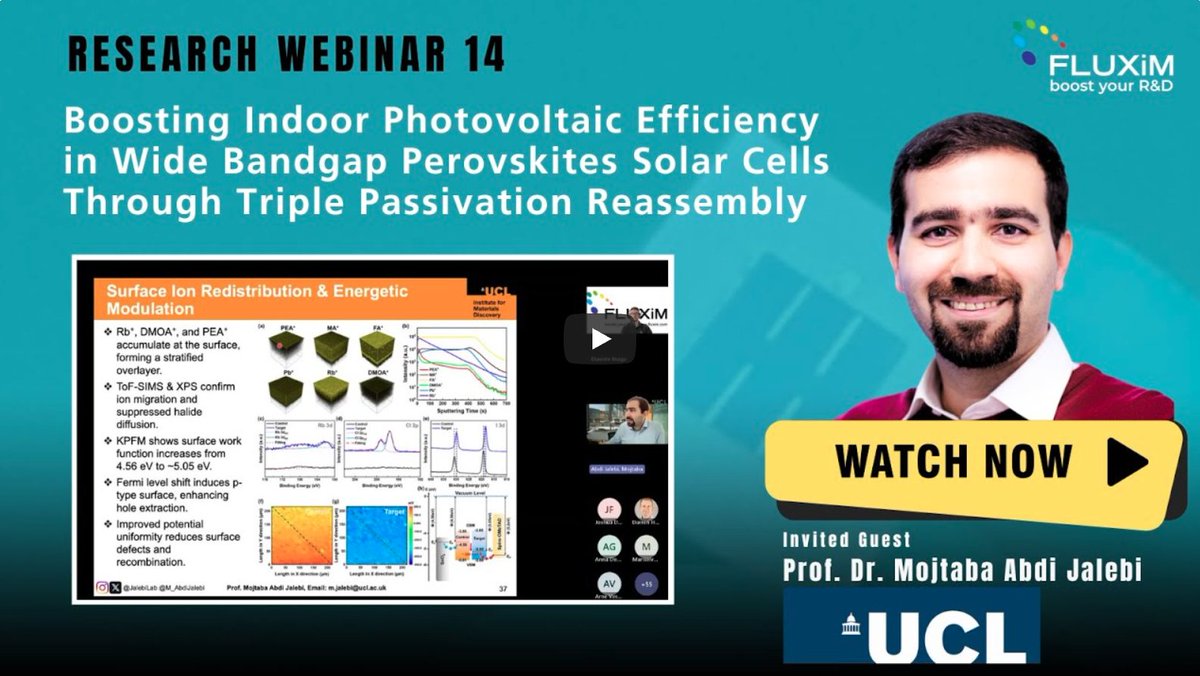 It was a pleasure to deliver an invited webinar hosted by <a href="/FluximAG/">FLUXiM AG</a> on boosting indoor PV efficiency using triple passivation in wide bandgap perovskites.
📺 Watch here: youtube.com/watch?v=xnXkdh…
#Perovskite #IndoorPV #SolarCells #CleanEnergy