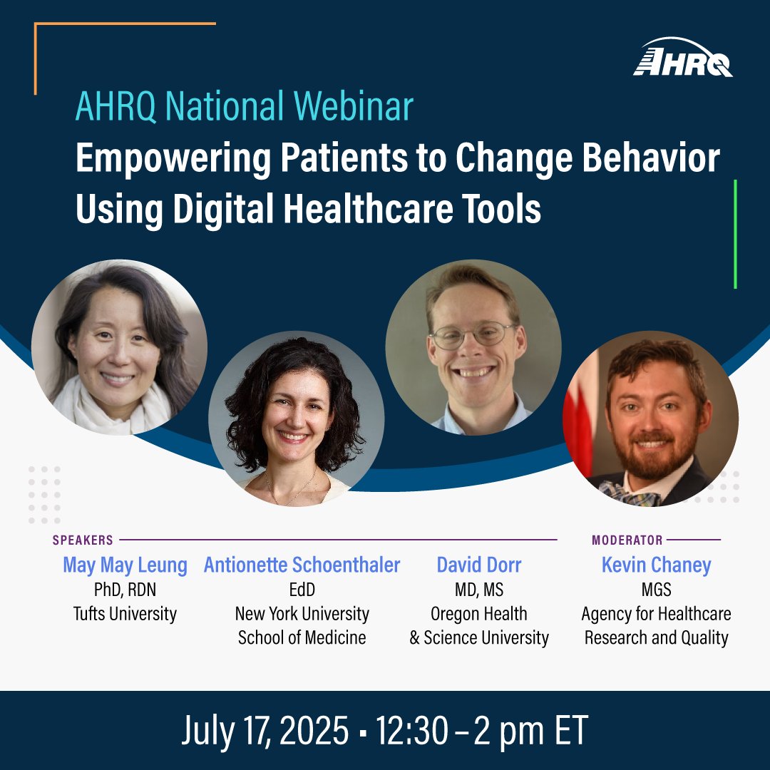 AHRQGov's tweet photo. On July 17, join #AHRQ’s Digital Healthcare Research Program to learn about enhancing patient engagement using #DigitalHealth innovations like clinical decision support systems, AI-powered platforms, and mobile health apps. Register now. https://t.co/qbNC8UbYmV https://t.co/NKLsDvGf84