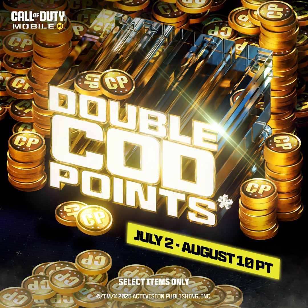 💸 Call of Duty Mobile : Événement 2X COD Points !
Jusqu'au 10 août, tout joueur qui achète certains packs de COD Points dans la boutique reçoit le double de points 🎯

👉 Ces points peuvent ensuite être utilisés pour acheter des cosmétiques ou des Pass de combat saisonniers.
💭