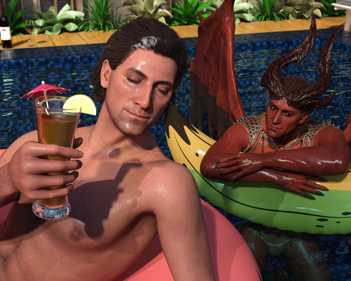 Octavia_Tav's tweet photo. I was stunned at @Miurgen 's beautiful Raphael art and was inspired to create a vacationing Raphael and Haarlep too🫶 #BG3 https://t.co/EFNogtJoBU