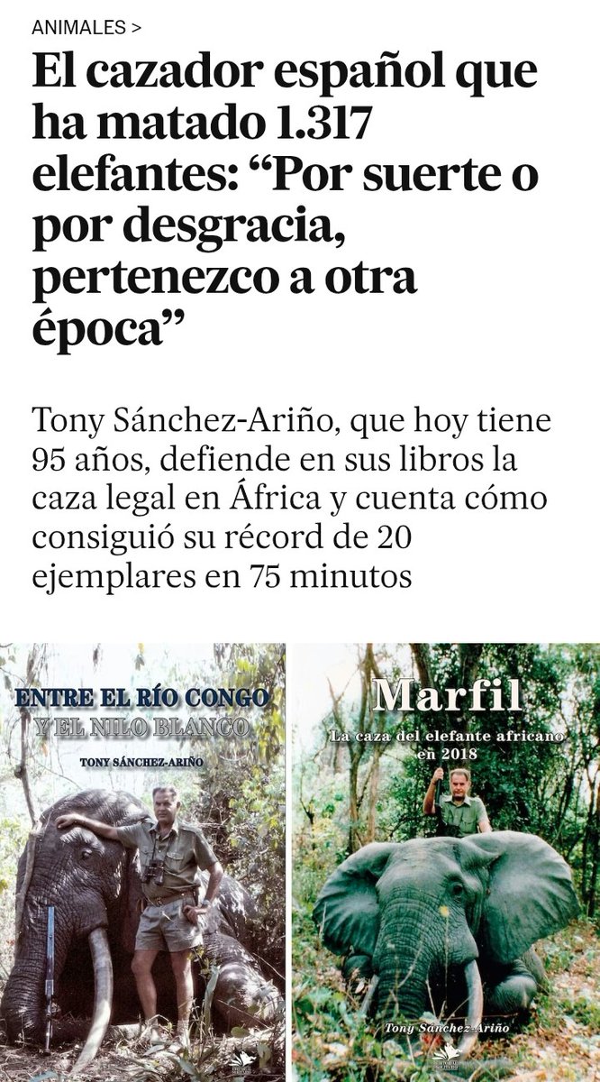 "Deseo recalcar que soy cazador desde que nací, estoy muy orgulloso de serlo y no tengo que pedir perdón a nadie por ello” (Tony Sánchez-Ariño).

Claro que deberías perdón: a tus víctimas, pero tus 95 años sólo te han servido para quitar vidas y reafirmarte como un gran canalla.