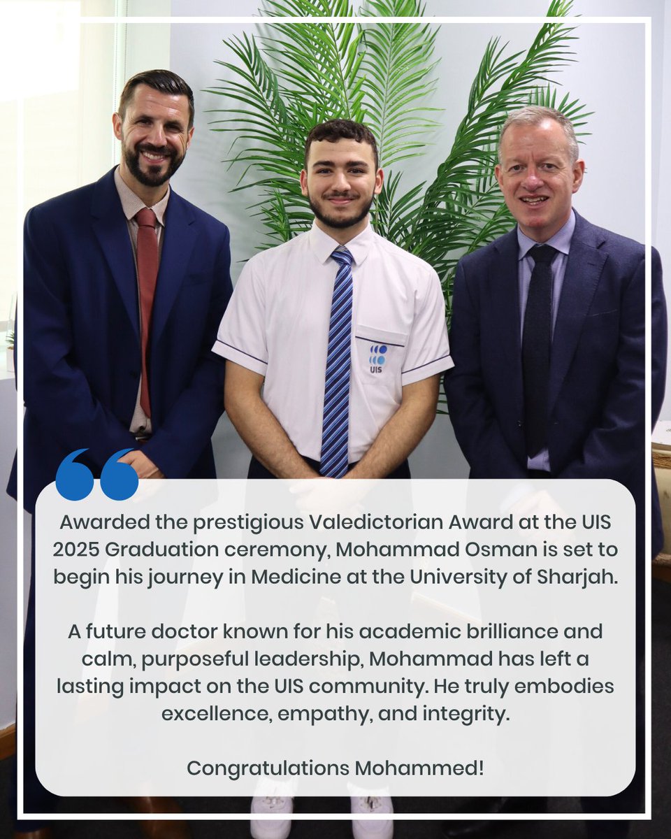 UISDubai's tweet image. Congratulations, Mohammed!
With an outstanding 41 points, our Valedictorian Mohammed Osman is set to pursue Medicine at the University of Sharjah. We’re so proud of you!
#WeAreUIS #ProudlyTaaleem #IBResults2025 #ClassOf2025 #MindsetOfTheFuture