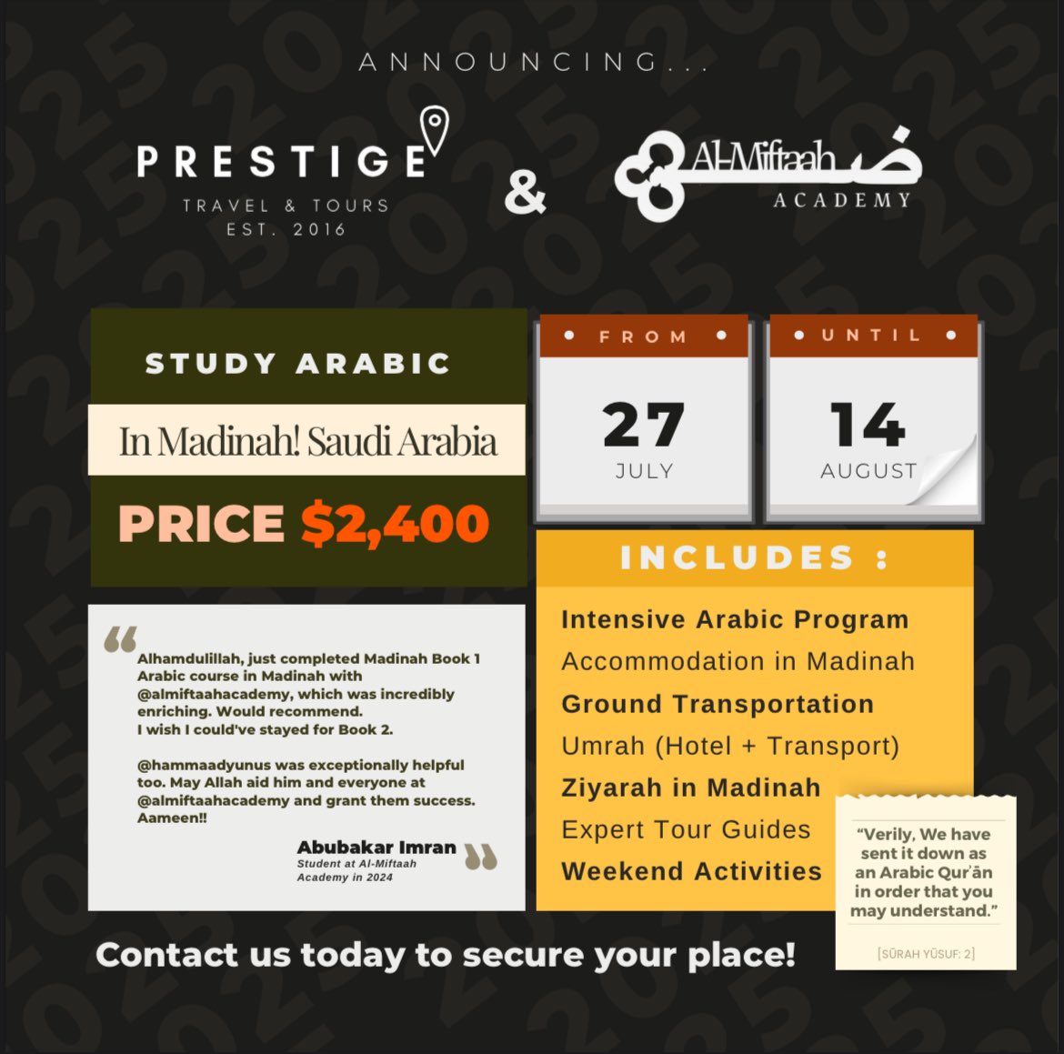 We are excited to announce that studying Arabic in Madinah just got easier thanks to @travelwithprestige (IG).
Message us on WhatsApp to book today:
wa.me/message/H5TQ5K…