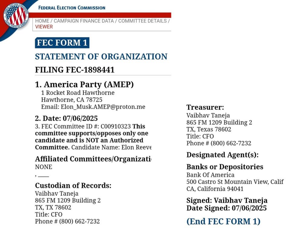 ELON HAS FILED FOR THE AMERICA PARTY.