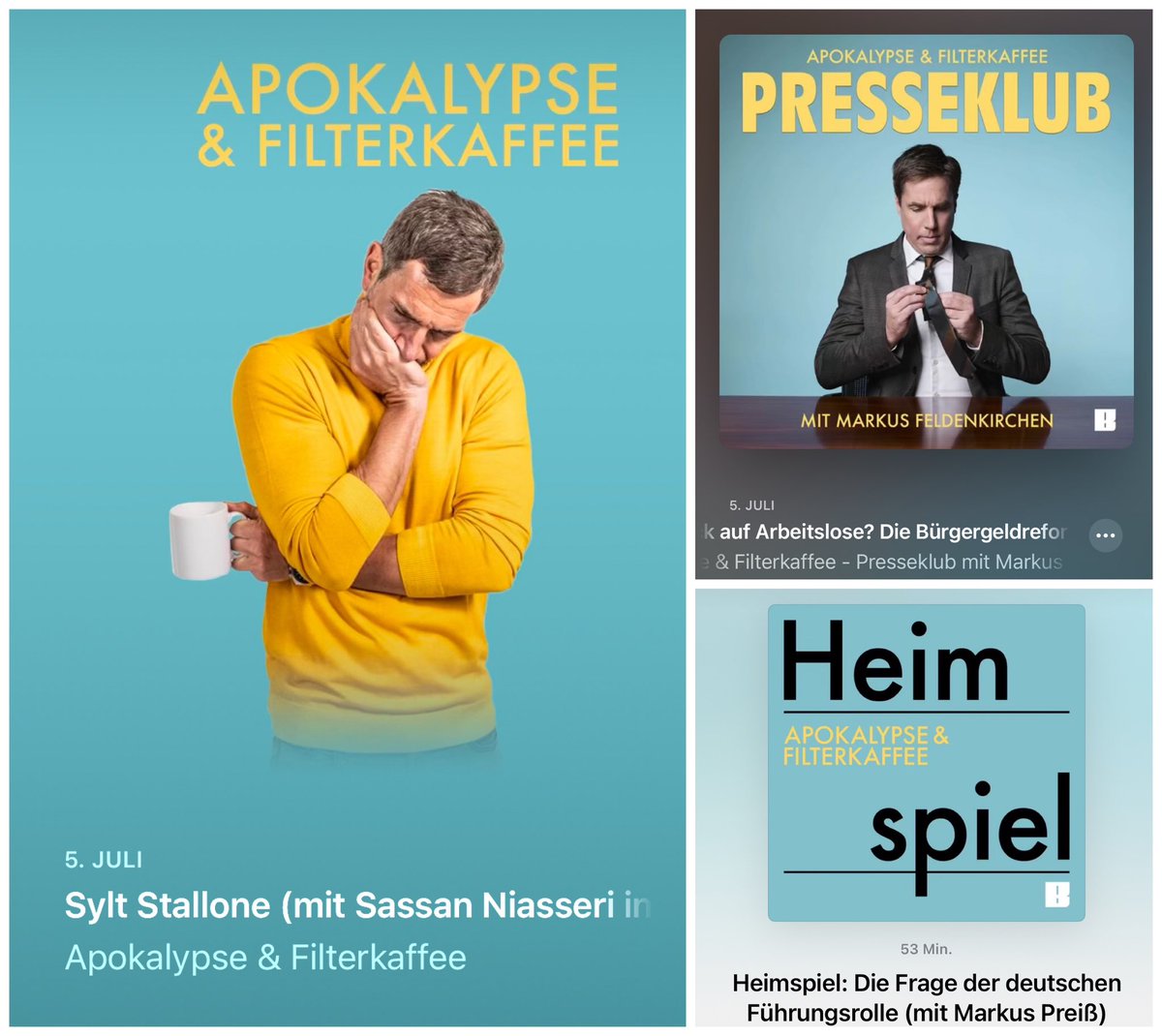 Das #ApoFika-Trio am WE:

Das Heimspiel mit <a href="/markuspreiss/">Markus Preiß</a> 
Der Presseklub mit <a href="/MFeldenkirchen/">Markus Feldenkirchen</a> 
und die Wochenendbeilage mit <a href="/SassanNiasseri/">Sassan Niasseri</a> 

Alles drin für einen runden Sonntag