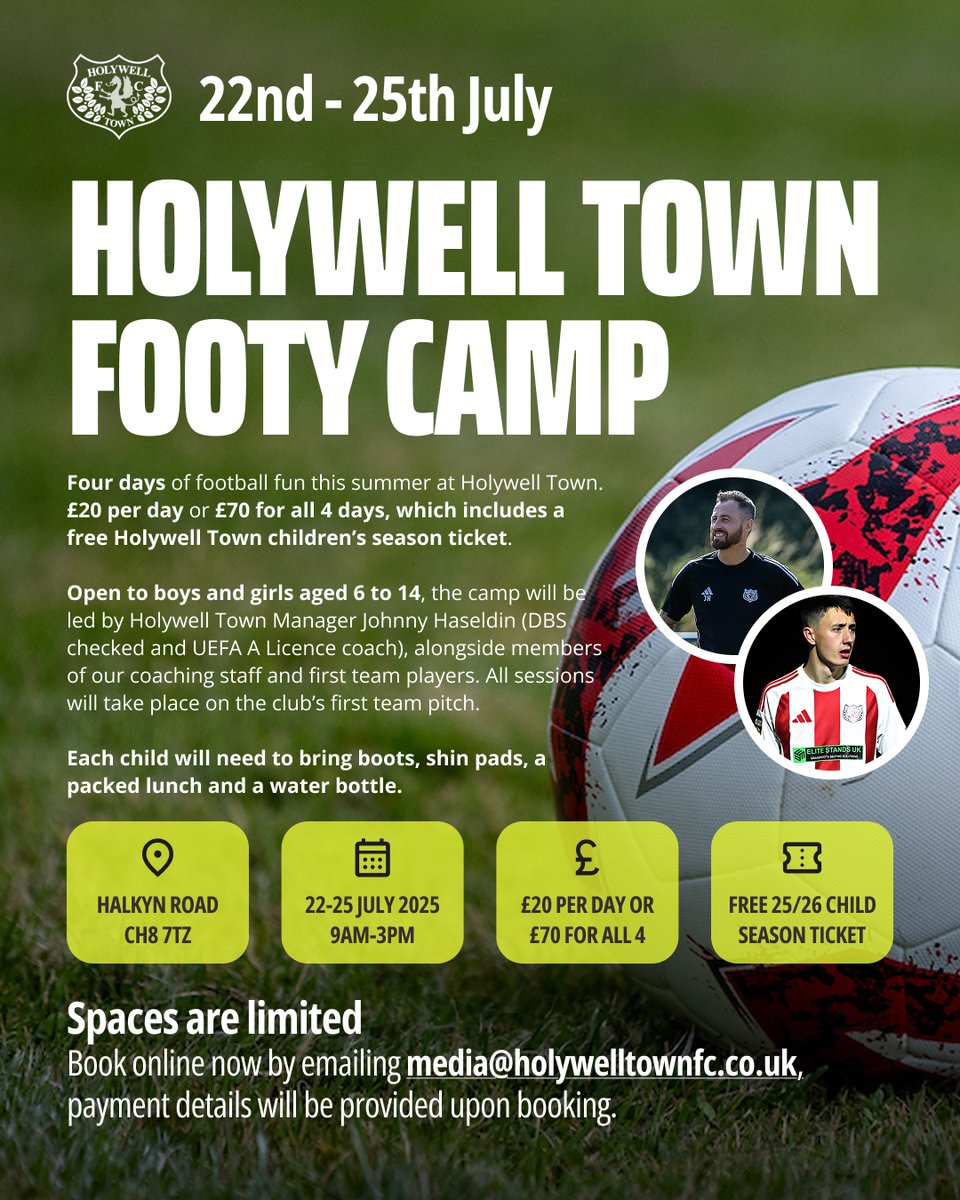 Holywell Town Football Club (@holywelltownfc) on Twitter photo β½οΈ Four days of football fun at Holywell Town!
π
22 to 25 July
π· Β£20 per day or Β£70 for all 4
π Includes free 25/26 child season ticket
π¦π§ Ages 6 to 14
π First team pitch
π Led by Johnny Haseldin & coaching staff
π© Book: media@holywelltownfc.co.uk β½οΈ Four days of football fun at Holywell Town!
π
22 to 25 July
π· Β£20 per day or Β£70 for all 4
π Includes free 25/26 child season ticket
π¦π§ Ages 6 to 14
π First team pitch
π Led by Johnny Haseldin & coaching staff
π© Book: media@holywelltownfc.co.uk