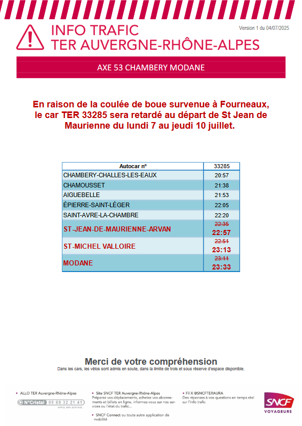 assoARDSL's tweet photo. @SNCFReseau @MairieModane @SNCFTERAURA @dlmaurienne @icipaysdesavoie @f3Alpes Lundi 7 juillet le 1er train @SNCFTERAURA au départ de @MairieModane et le dernier TER à destination de #Modane sont supprimés entre Modane et #SaintJeandeMaurienne.
➡️ Un car de remplacement part de Modane à 5h33. https://t.co/JKLwO8HNZf
