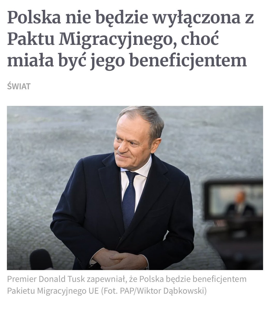 Komisja Europejska UE potwierdziła,że Polska nie będzie zwolniona z Paktu Migracyjnego.W maju 2024 Donald Tusk zapewniał,że Polska nie będzie zobowiązana do przyjmowania migrantów z krajów UE.