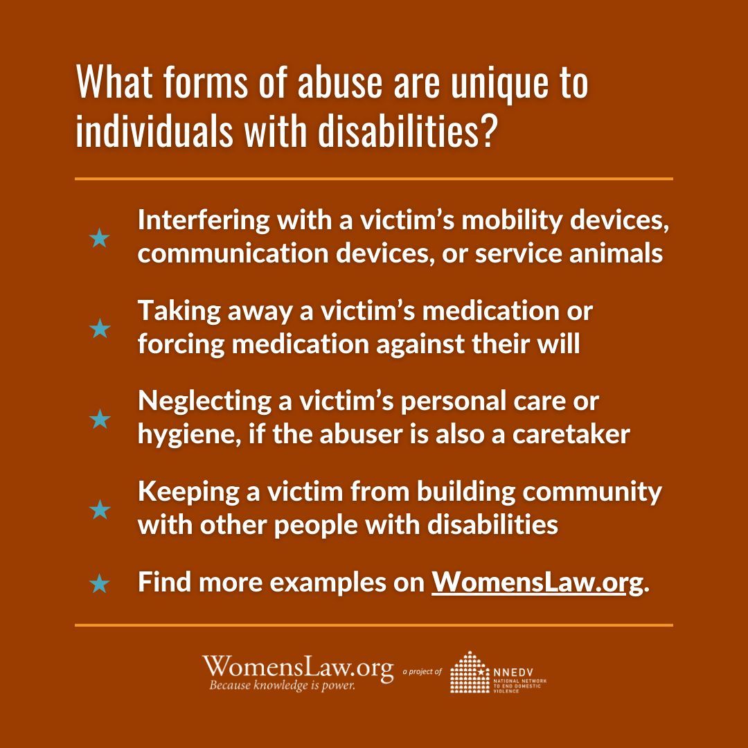WomensLaw's tweet image. Abusers may choose to hurt and control partners with disabilities to gain power and control over them. This can be extremely scary, even dangerous. Learn more about these and other examples, and find help for you or someone you know: buff.ly/APSwG2W
#DisabilityPrideMonth