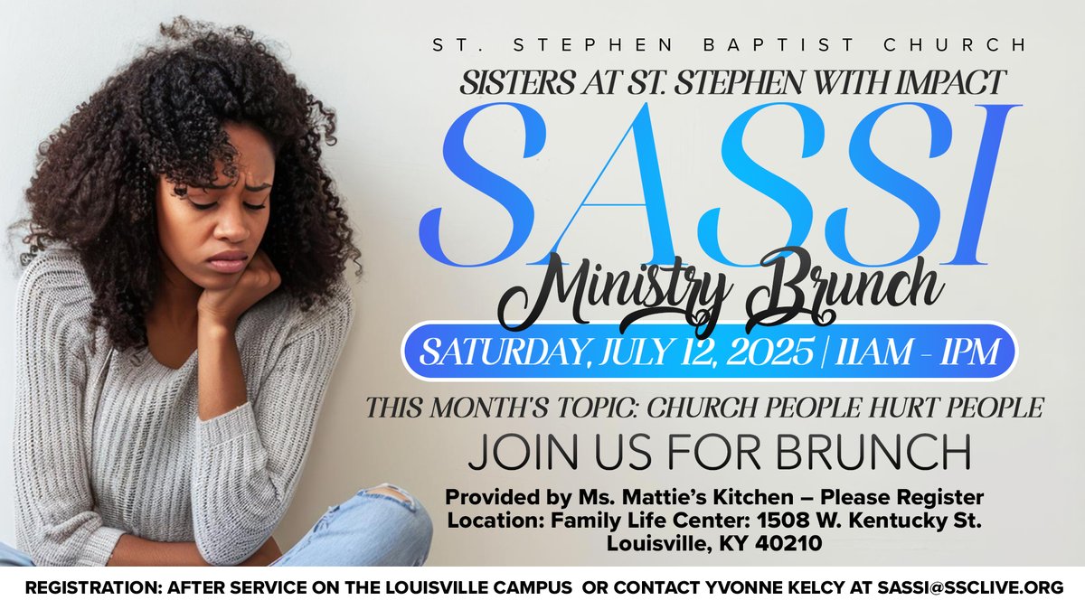 ssclive's tweet image. Ladies, join SASSI for brunch and a real conversation on “Church People Hurt People.” Saturday, July 12 at 11 AM. #SASSI #womensministry #brunch @KWCosby