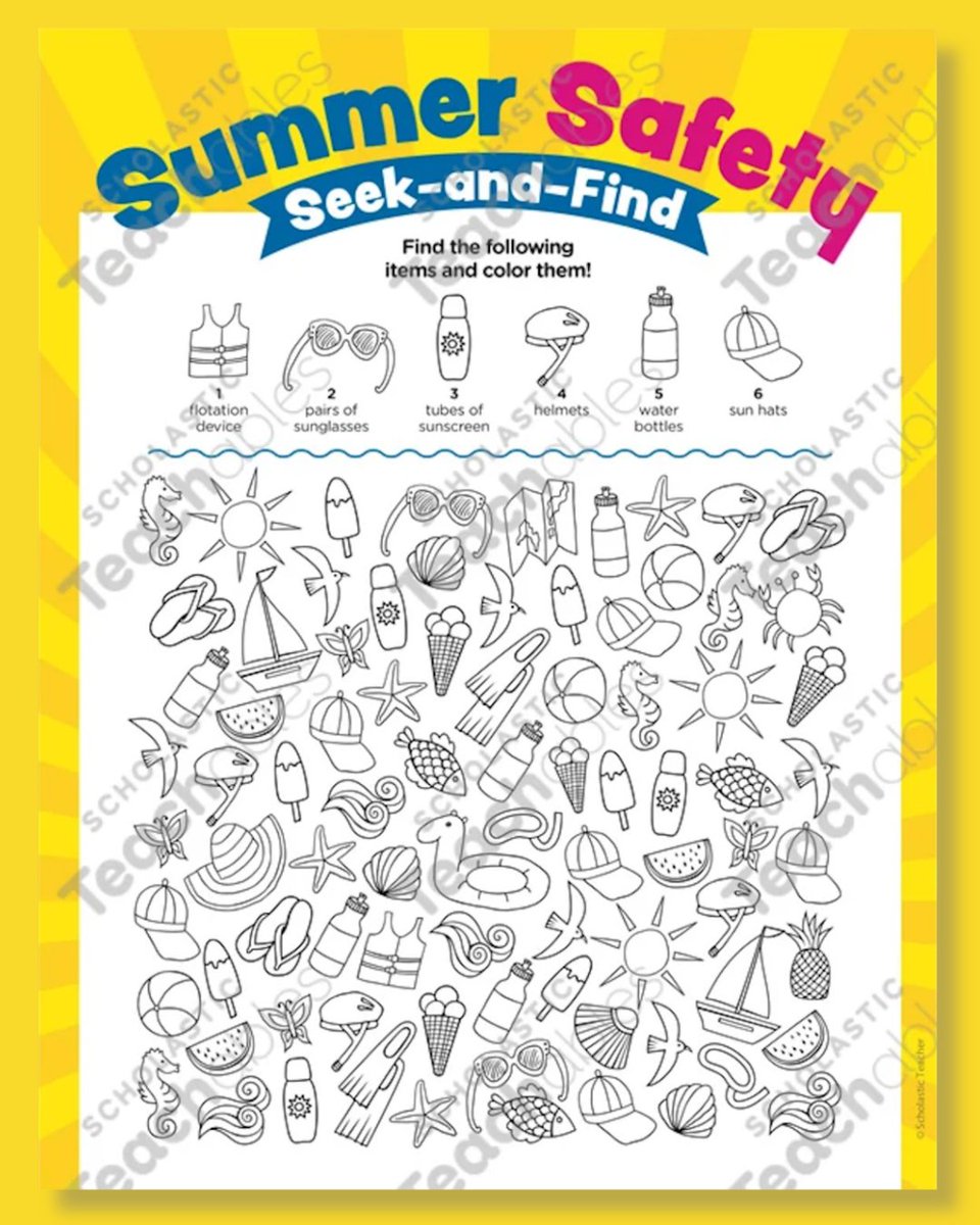 Challenge young learners to spot, count, and color in items they’ll need to stay safe and have fun all summer long ☀️ Free printable: teachables.scholastic.com/teachables/boo…