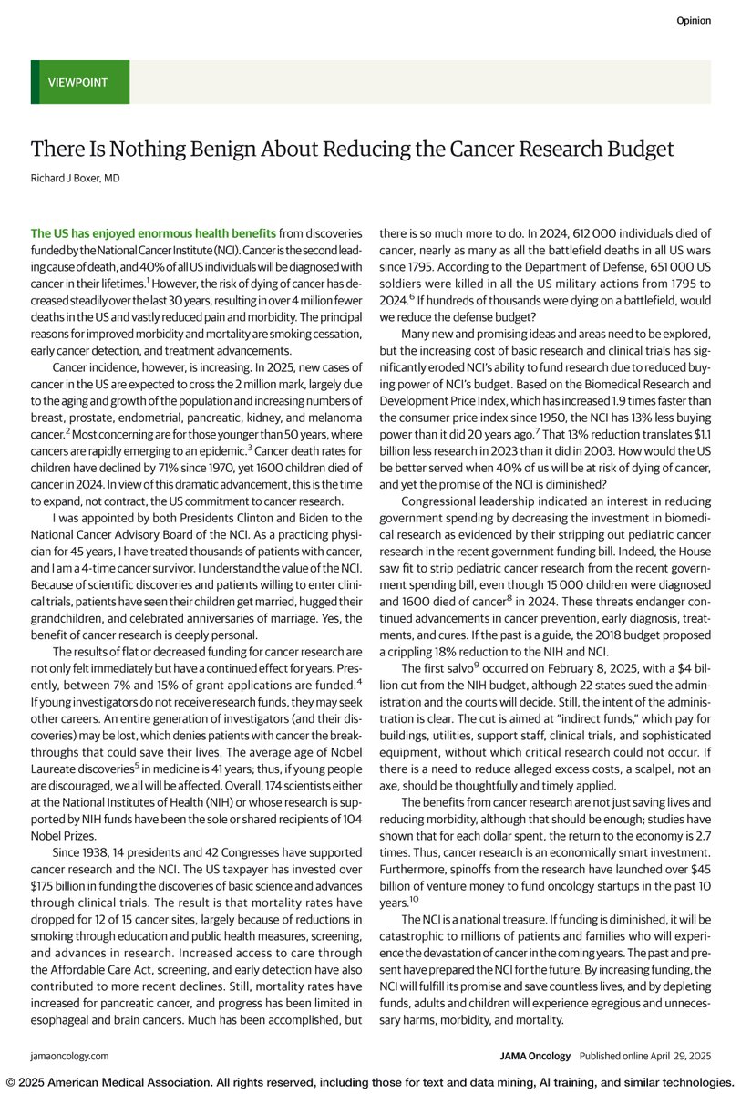 "If funding is diminished, it will be catastrophic to millions of patients and families who will experience the devastation of cancer in the coming years." 

Richard J Boxer discusses the effect of decreased funding for cancer research in the US. 

ja.ma/4lHJdiB
