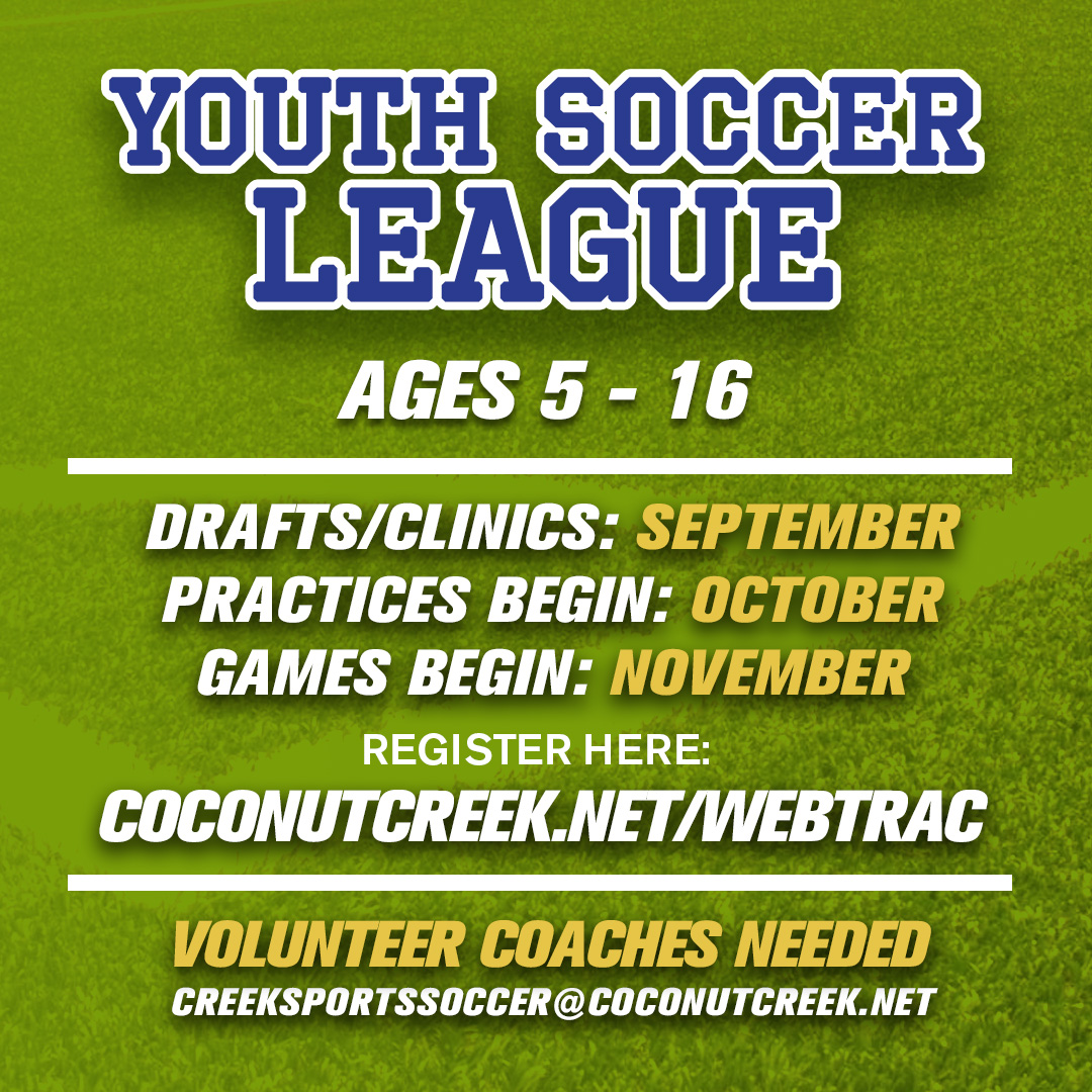 Let your kids stay active and have fun this season in Coconut Creek’s Youth Soccer League! Open to boys and girls ages 5–16 with instructional and competitive divisions.

📞 Questions? Call 954-956-1580
🌐 More Info: CoconutCreek.net/Recreation

#MyCoconutCreek