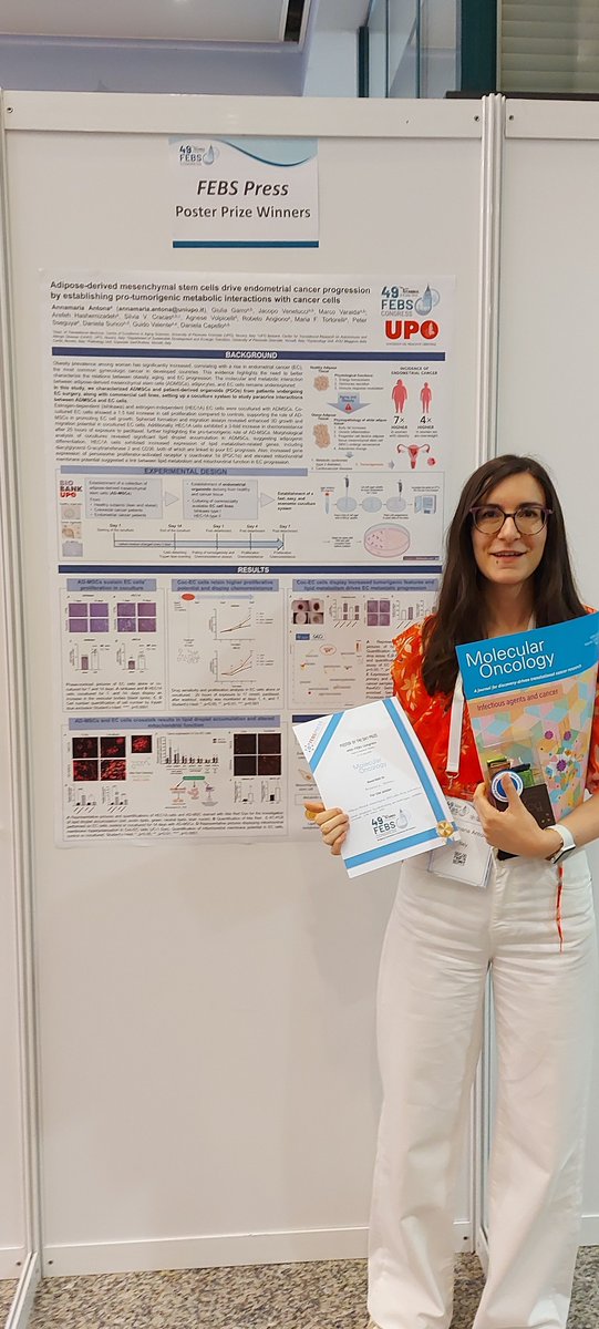 MolOncology's tweet image. 🏅 Congratulations to Annamaria Antona for winning the daily poster prize from Molecular Oncology with her poster "Adipose derived mesenchymal stem cells drive endometrial progression by establishing protumourigenic metabolic interactions with cancer cells"
#FEBS2025…