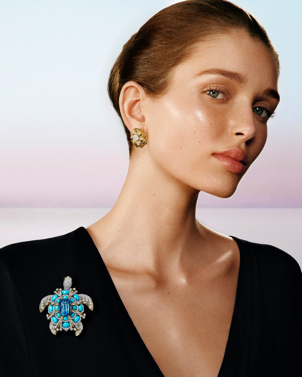 The Sea Turtle chapter of Blue Book 2025: Sea of Wonder is a tribute to the creature. The brooch features a cushion-cut aquamarine and cabochon turquoise, cabochon sapphires and round brilliant diamonds, while the Sea Turtle earrings feature diamonds: tiffany.com/high-jewelry/b…