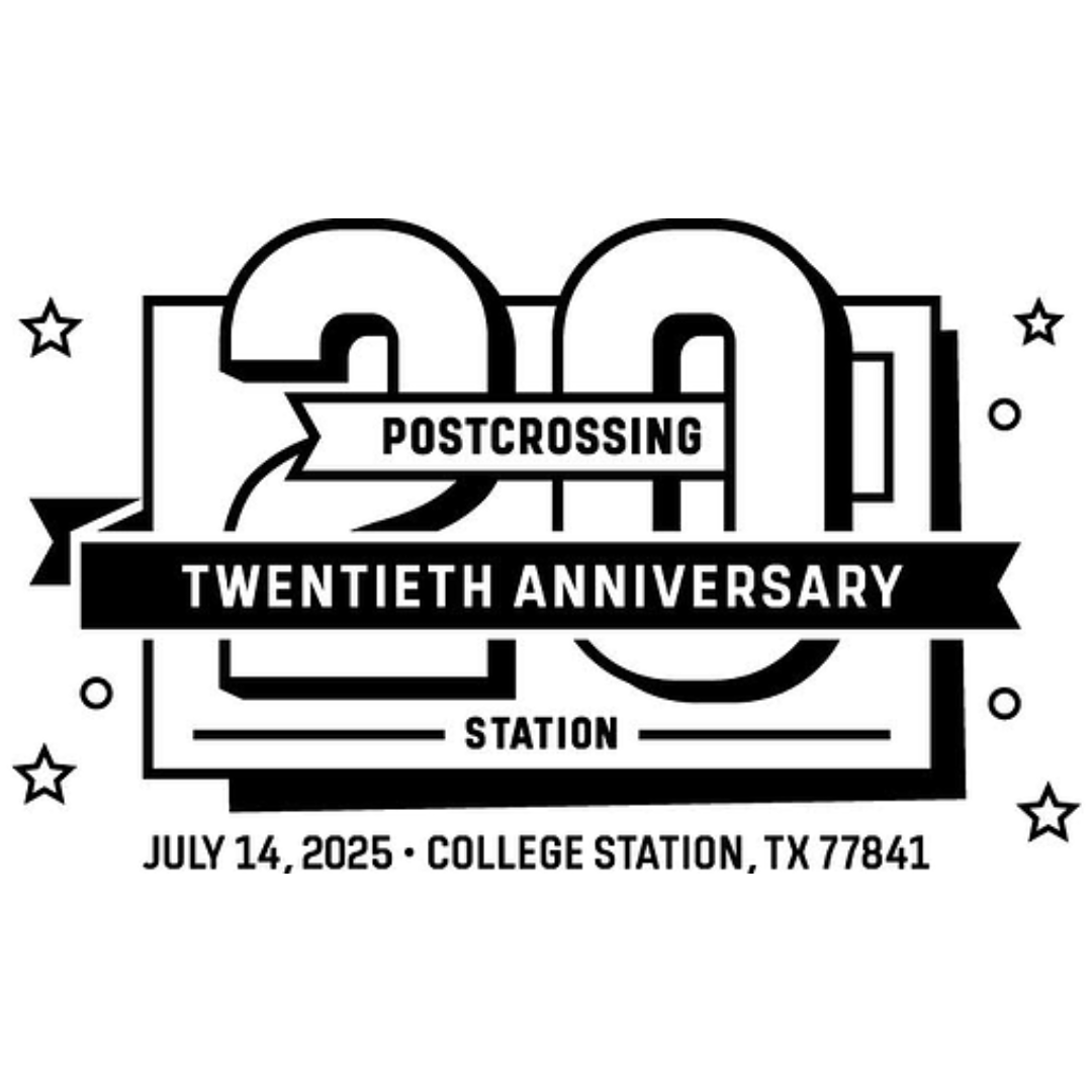 APS_stamps's tweet photo. APS member and YPLF alum Trevor Bills has organized a pictorial postmark to celebrate Postcrossing’s 20th birthday. Request it by sending your stamped and addressed postcards in an envelope to: 
    Postcrossing Anniversary Station
    PO Box 2887
    College Station TX 77841 https://t.co/COxYHBtXKs