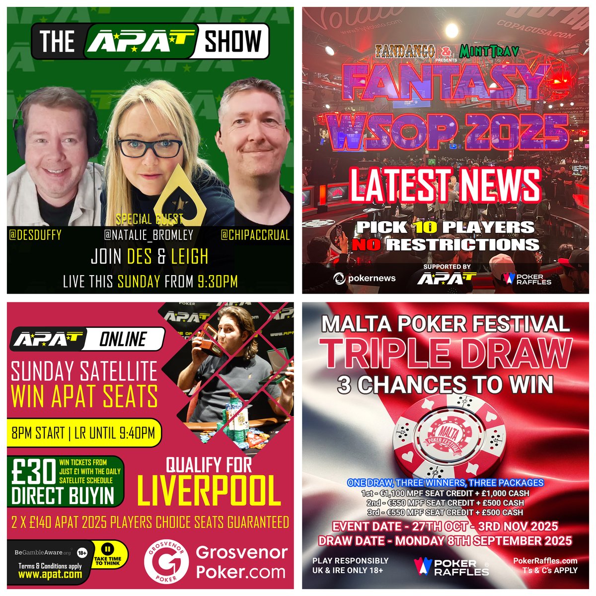 Amateur Poker Association & Tour (@apatpoker) on Twitter photo Join <a href="/DesDuffy/">Des Duffy</a> & <a href="/chipaccrual/">Leigh Wiltshire</a> from 9:30pm tonight for The APAT Show with special guest <a href="/Natalie_Bromley/">Natalie Bromley</a>
Follow all the action from the Sunday Satellite on GrosvenorPoker.com, news from Vegas plus the latest <a href="/PokerRaffles/">Poker Raffles</a> draws
Join in via Facebook or Youtube from 9:30pm Join <a href="/DesDuffy/">Des Duffy</a> & <a href="/chipaccrual/">Leigh Wiltshire</a> from 9:30pm tonight for The APAT Show with special guest <a href="/Natalie_Bromley/">Natalie Bromley</a>
Follow all the action from the Sunday Satellite on GrosvenorPoker.com, news from Vegas plus the latest <a href="/PokerRaffles/">Poker Raffles</a> draws
Join in via Facebook or Youtube from 9:30pm