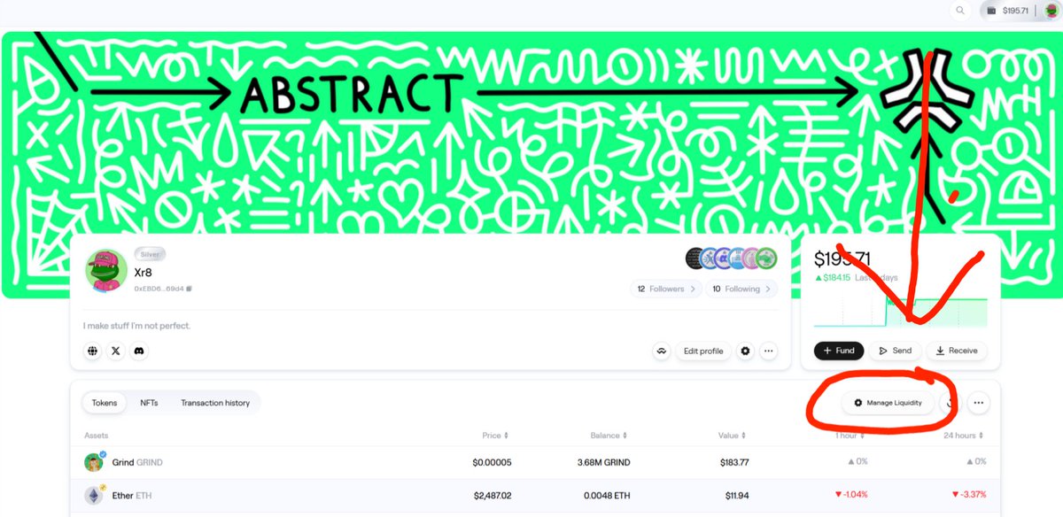 _XR8__'s tweet image. 🧵 How to Add Liquidity to the GRIND/ETH Pool on Reservoir (Abstract Chain)

So you’ve seen the GRIND LP thread and want in on the action? Here’s a step-by-step guide to adding liquidity, even if you’re brand new to this 👇

---

1. You’ll need 2 things in your AGW wallet:

$ETH…