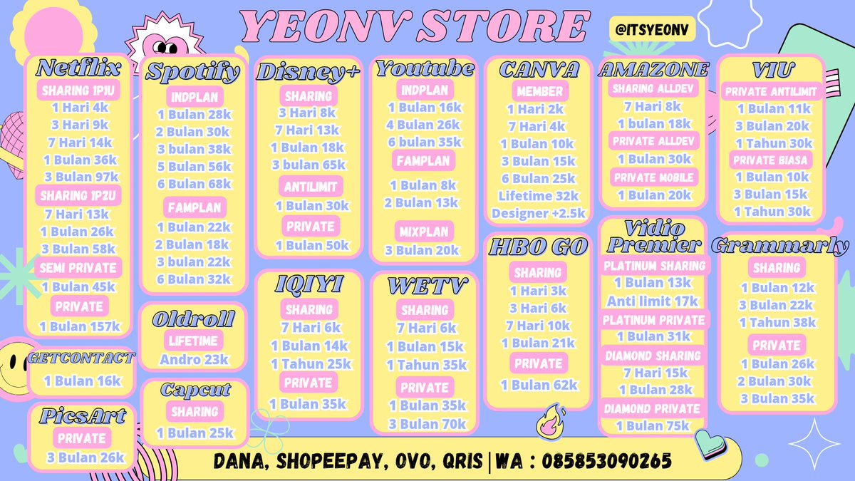 itsyeonv's tweet photo. READY APP PREMIUM ✅

Netflix, viu, iqiyi, wetv, disney, vidio, spotify, youtube, hbo go, amazon prime, canva, alight motion, bstation, resso, grammarly, picsart, wps office, microsoft 365, scribd, remini, vsco, gdrive, wattpad, inshot andro
#zonaba #zonajajan #zonauang️ https://t.co/GbtgDLf36n