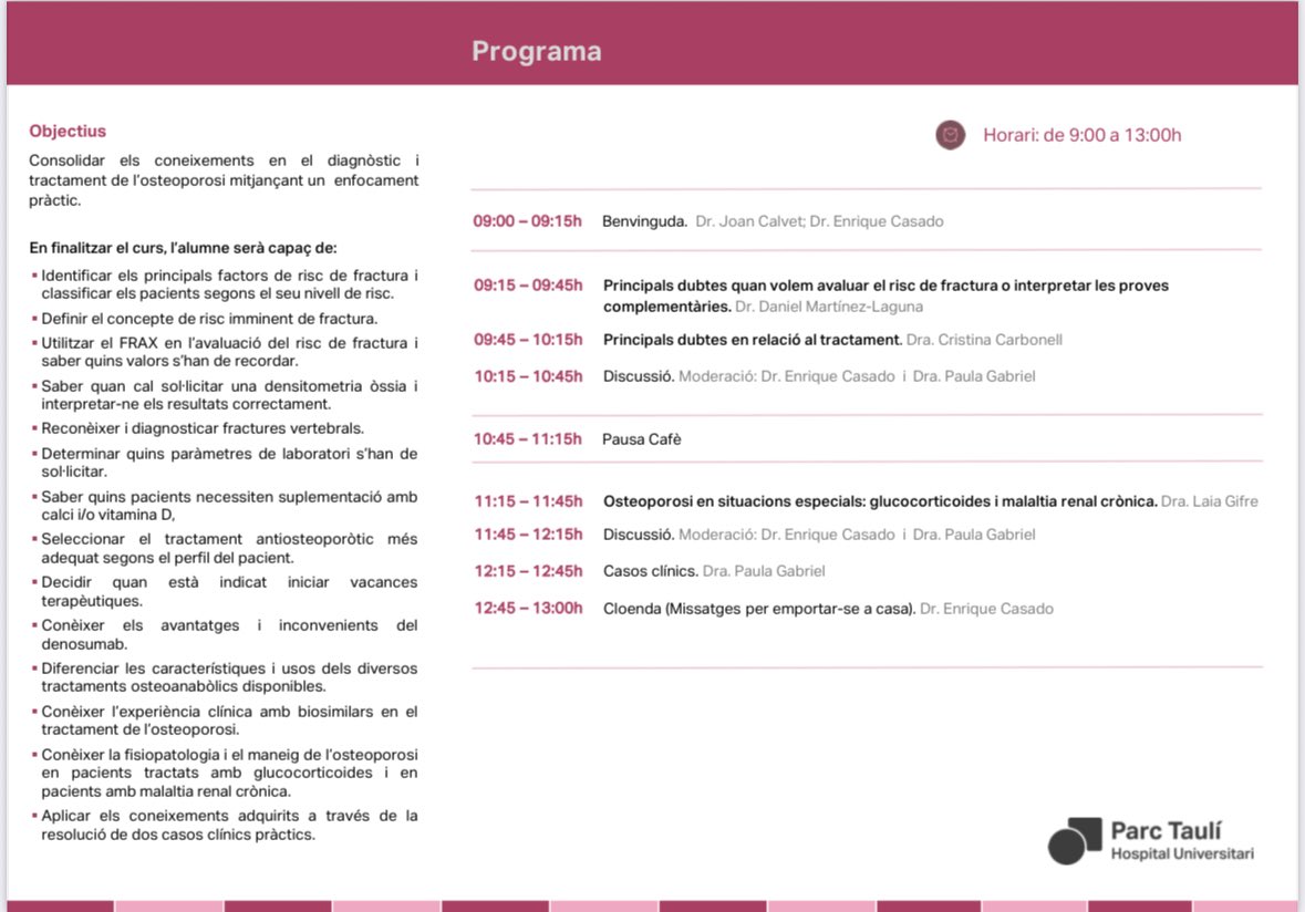 Enrique Casado (@doccasado) on Twitter photo Torna el 4 TOPICS EN OSTEOPOROSI, adreçat a metges de familia i d’altres especialitats que vulguin posar-se al día en el diagnòstic i tractament de l’#osteoporosi. Apunta’t ja!
🗓️ 23 de setembre
📍Auditori <a href="/parctauli/">Consorci Corporació Sanitària Parc Taulí</a>
✏️ Inscrpció gratuita
👇
tauli.cat/tauli/joomla/c… Torna el 4 TOPICS EN OSTEOPOROSI, adreçat a metges de familia i d’altres especialitats que vulguin posar-se al día en el diagnòstic i tractament de l’#osteoporosi. Apunta’t ja!
🗓️ 23 de setembre
📍Auditori <a href="/parctauli/">Consorci Corporació Sanitària Parc Taulí</a>
✏️ Inscrpció gratuita
👇
tauli.cat/tauli/joomla/c…