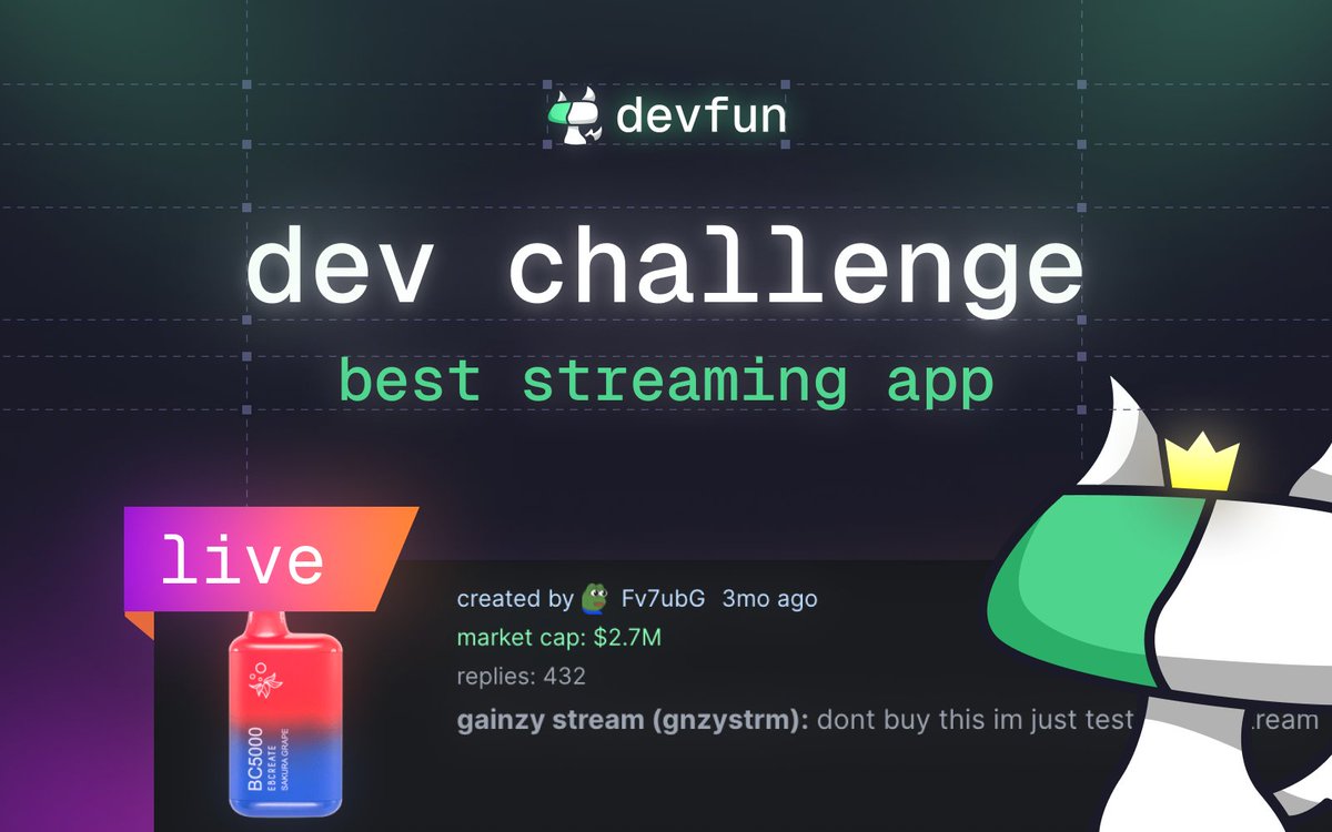announcing the streaming app dev challenge!

task: build the best app for pumpfun streams

🛠 Build an app using devfun — no coding required
🏆 Top 3 app builders receive 3 months of free building
📅 06.06 - 13.06

submit your entries through a post on X tagging <a href="/devfunpump/">dev.fun</a>