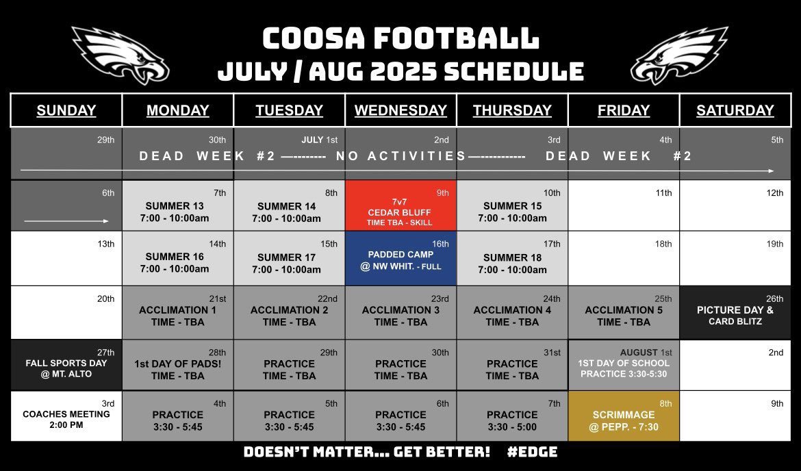 July is here… which means we play a football game next month!! 

22 Days: First Day in Pads
33 Days: Scrimmage #1 
47 Days: GAMEDAY! 

#EDGE #GoEagles 🦅🦅🦅