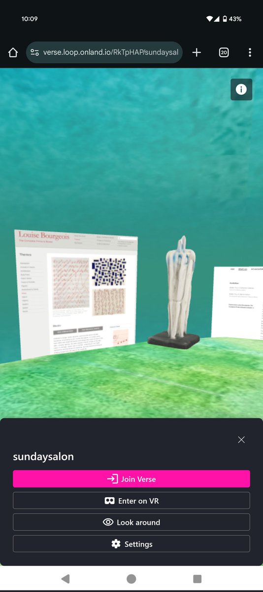 twt_cha_'s tweet image. hello @everyone 🙂 Louise Bourgeois Sunday Salon is open today at 12-2pm and 5-7pm EST - all welcome:) bring some art and join the conversation ➰‿➿ verse.loop.onland.io/RkTpHAP/sunday…
#spatialinternet #artsalon @LoopArtCritique