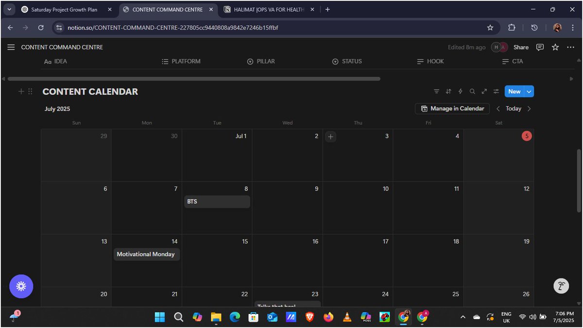 Halimatonilenla's tweet image. I built a complete Notion content system for a lifestyle brand:
💡 Idea Bank
🗓️ Weekly Posting Plan
📅 Calendar
📊 Tracker
Everything in one place, built for clarity, consistency, and growth.
#VirtualAssistant #NotionWorkspace #ContentStrategy #CreativeVA