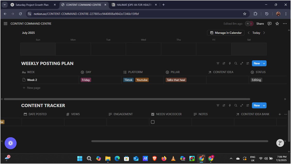 Halimatonilenla's tweet image. I built a complete Notion content system for a lifestyle brand:
💡 Idea Bank
🗓️ Weekly Posting Plan
📅 Calendar
📊 Tracker
Everything in one place, built for clarity, consistency, and growth.
#VirtualAssistant #NotionWorkspace #ContentStrategy #CreativeVA