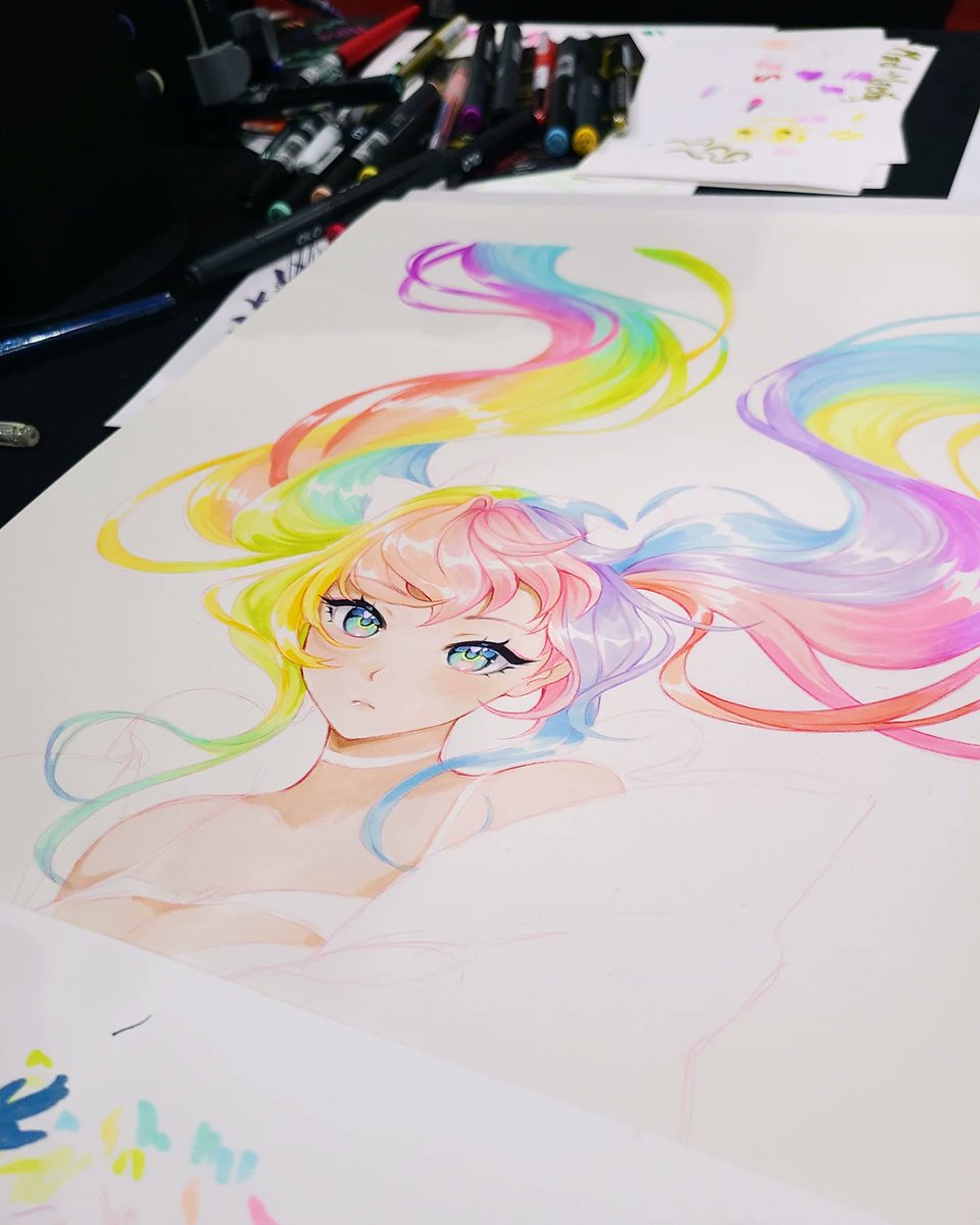 Today is the last day at AX. The mountain of my OLO marker sets is gone, but there is still a chance to get one! Here's the progress of the illustration I'm drawing live, come see how it's going today ☺💗 - Exhibitor Hall SH-3500