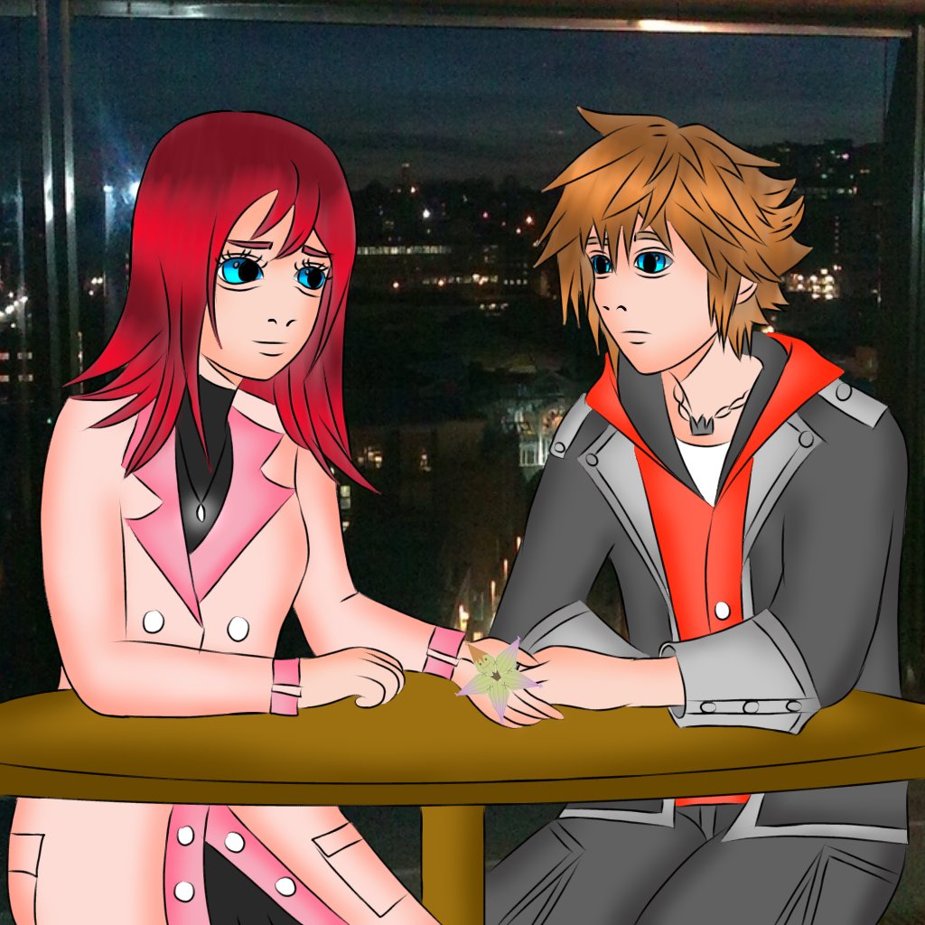 AngelSunnychan's tweet image. This drawing is for Sokai week. The theme I chose is Sharing. Kairi tells Sora about their past adventures, showing him the lucky charm she gave him in a Kh4 Au 💞❤️
#sokaiweek2025 #sokai #sora #kairi 
#kingdomhearts4 #khau