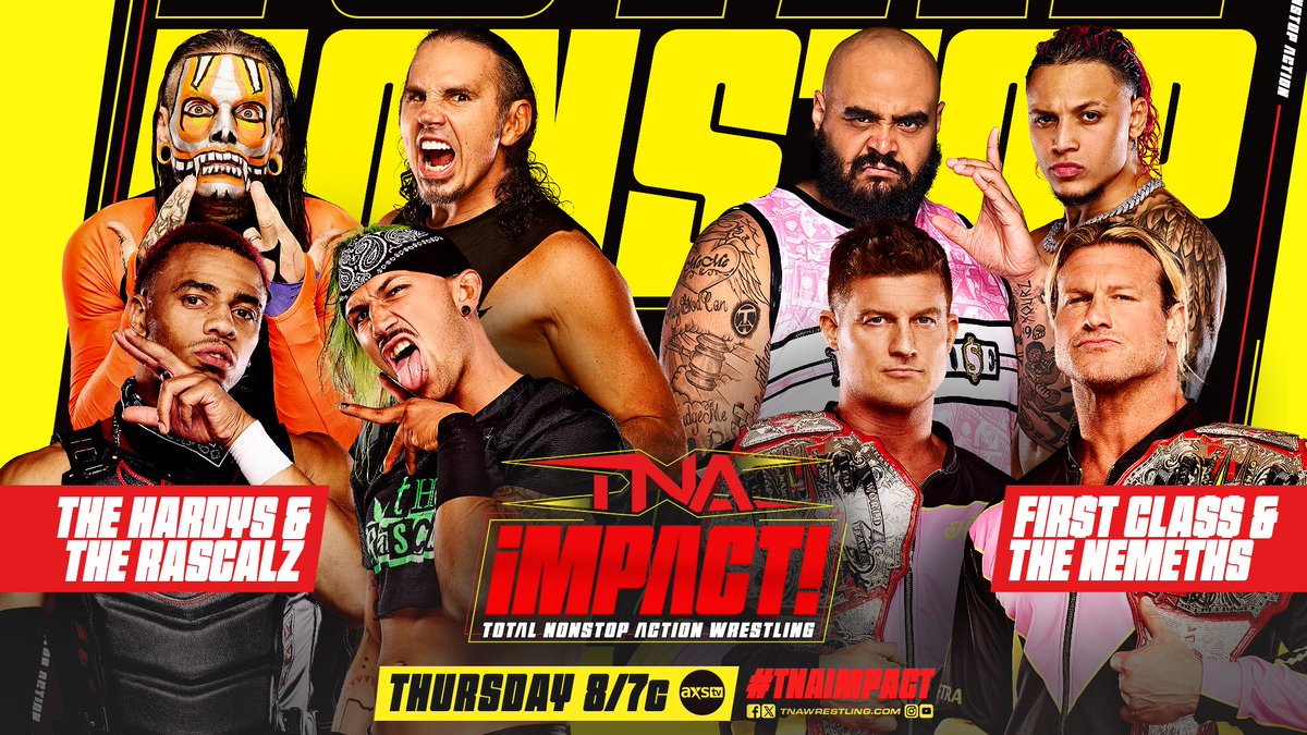 TNA Wrestling (@thisistna) on Twitter photo In a preview of #TNASlammiversary, The Hardys and The Rascalz take on The Nemeths and FIR$T CLA$$ THURSDAY at 8/7c on <a href="/AXSTV/">AXS TV</a> in the US, <a href="/Sportsnet/">Sportsnet</a> 360 in Canada plus FREE on TNA+ and YouTube worldwide.
<a href="/MATTHARDYBRAND/">MATT HARDY</a> <a href="/JEFFHARDYBRAND/">#BrotherNero DELETED</a> <a href="/TheTreyMiguel/">Trey Miguel 🌹</a> <a href="/ZacharyWentz/">Zachary Wentz</a> <a href="/ryrynemnem/">Ryan Nemeth NEW BIO</a> In a preview of #TNASlammiversary, The Hardys and The Rascalz take on The Nemeths and FIR$T CLA$$ THURSDAY at 8/7c on <a href="/AXSTV/">AXS TV</a> in the US, <a href="/Sportsnet/">Sportsnet</a> 360 in Canada plus FREE on TNA+ and YouTube worldwide.
<a href="/MATTHARDYBRAND/">MATT HARDY</a> <a href="/JEFFHARDYBRAND/">#BrotherNero DELETED</a> <a href="/TheTreyMiguel/">Trey Miguel 🌹</a> <a href="/ZacharyWentz/">Zachary Wentz</a> <a href="/ryrynemnem/">Ryan Nemeth NEW BIO</a>
