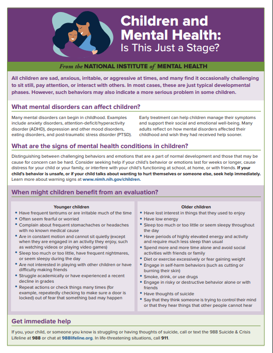 This guide from <a href="/NIMHgov/">National Institute of Mental Health (NIMH)</a> helps you distinguish between developmental phases &amp; potential mental health conditions in kids.

Download the free guide here: bit.ly/4nwLOO2

#ChildMentalHealth #Parenting #MentalHealthAwareness #YouthWellness #NIMH
