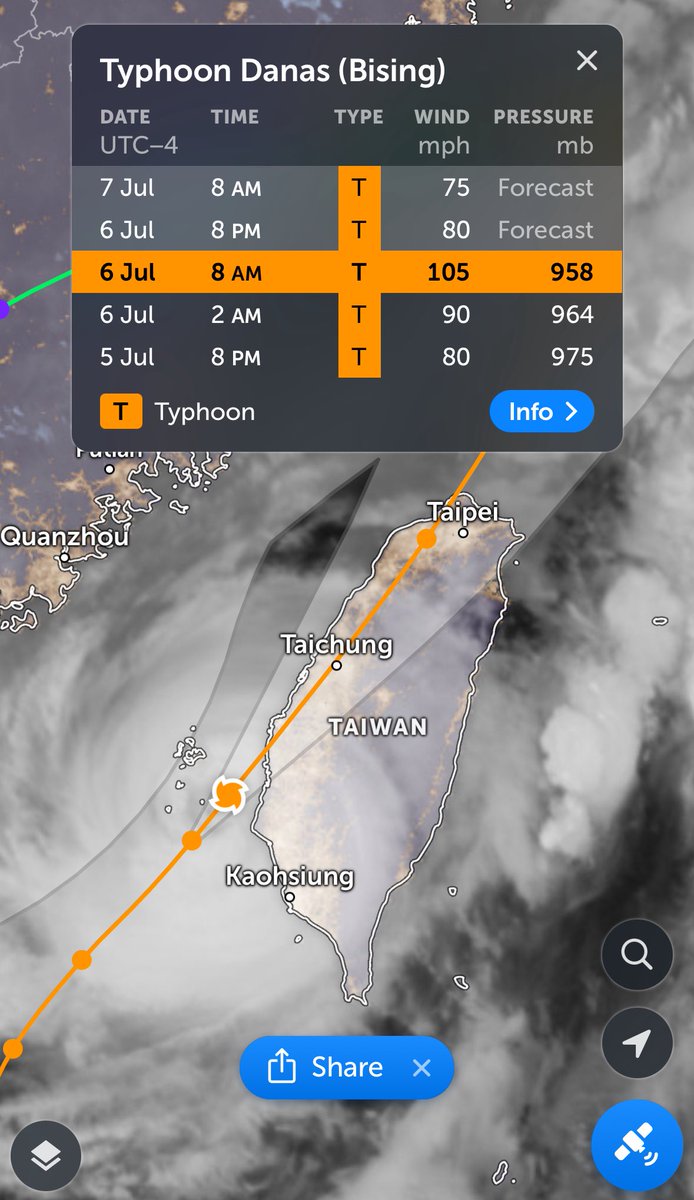What a surprise, Typhoon Danas moving out of the straits about to make landfall on SW Taiwan. I've never seen a track like this. Typically the Eastern side gets the landfalls. Image from <a href="/zoom_earth/">Zoom Earth</a>