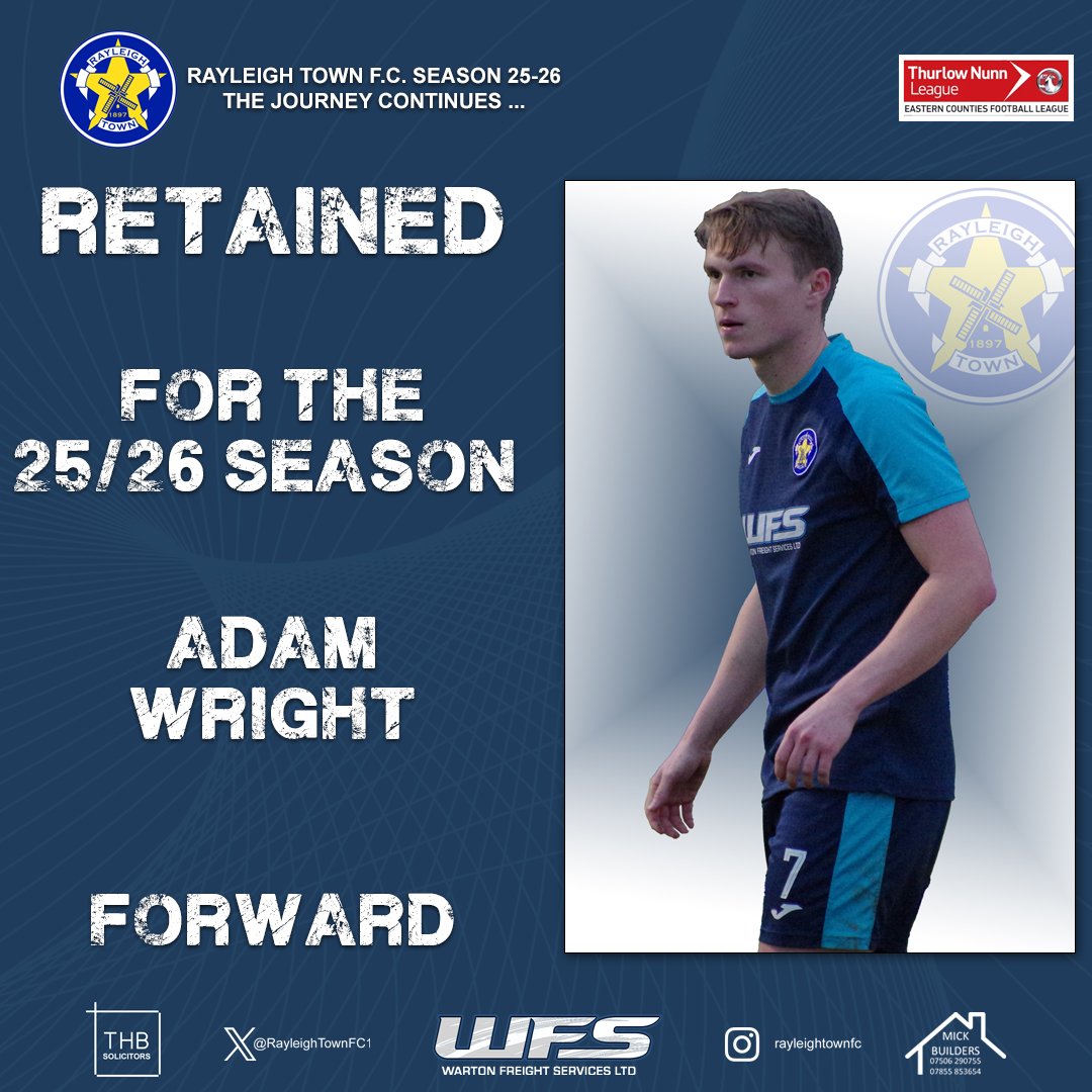 RayleighTownFC1's tweet image. 🔵 SEASON 2025/26 🔵 
We can confirm that Adam Wright will be with us for the coming season. A key member of our double winning team in 23/24 he returned to the club last season after a brief spell at Hullbridge Sports.
*SPONSORED BY RMH GRIP SOCKS*