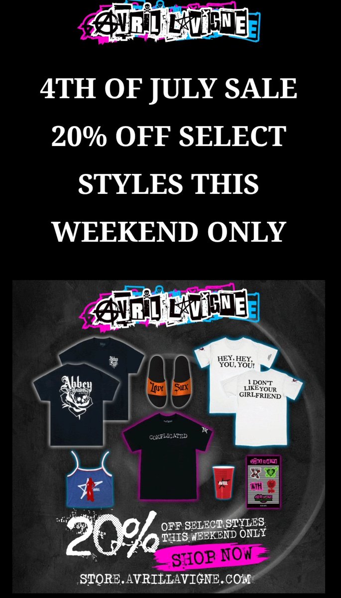全商品ではありませんがいくつかのアイテムがこの週末のみ20％offセール中！
store.avrillavigne.com/?utm_source=do…