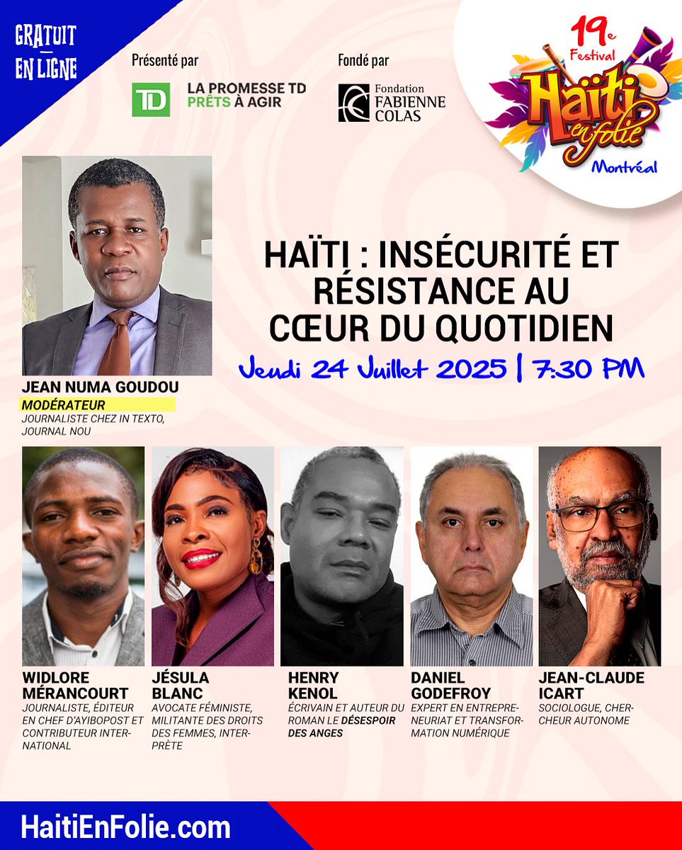 Widlore Mérancourt, éditeur en chef d’AyiboPost, est invité à la 19e édition du Festival Haïti en Folie, sous le thème : « НАЇTI : Insécurité et résistance au cœur du quotidien ». L’événement se tiendra du 23 au 27 juillet à Montréal. Cliquez sur le lien pour découvrir toute la